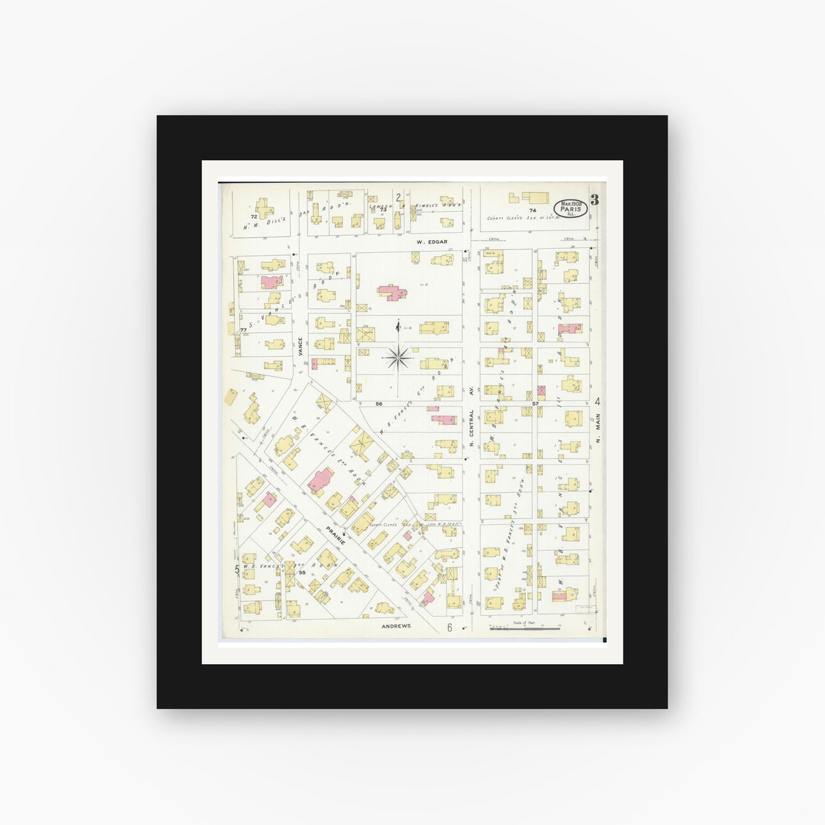 Old map wall art mockup — black gallery frame with white mat — Sanborn Fire Insurance Map from Paris, Edgar County, Illinois (1908), Sheet #0003