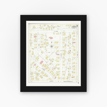 Old map wall art mockup — black gallery frame with white mat — Sanborn Fire Insurance Map from Paris, Edgar County, Illinois (1908), Sheet #0003