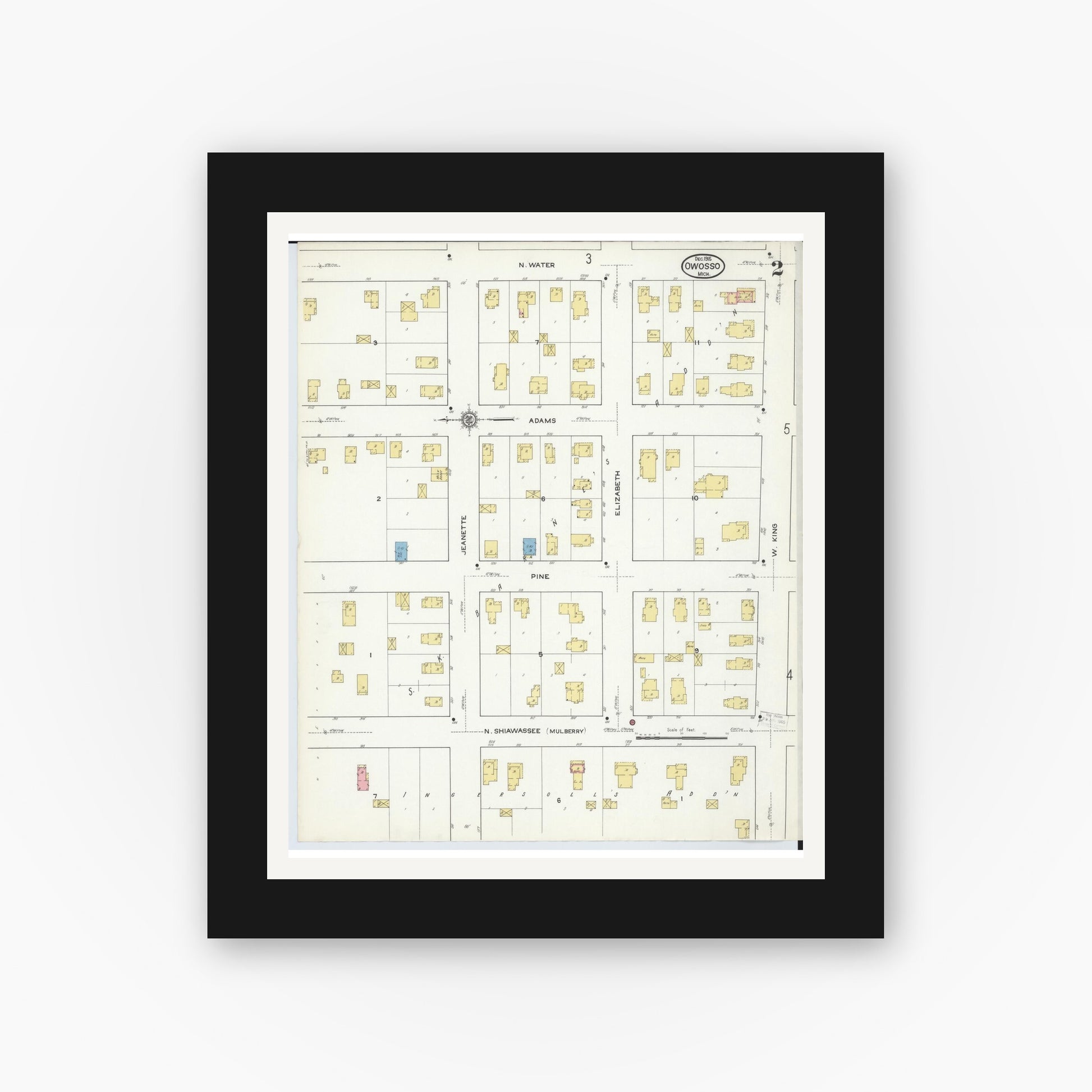 Old map wall art mockup — black gallery frame with white mat — Sanborn Fire Insurance Map from Owosso, Shiawassee County, Michigan (1915), Sheet #0002