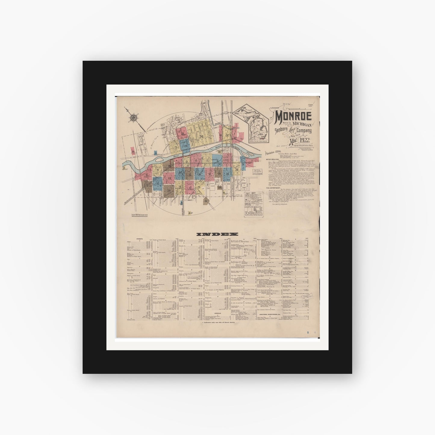Old map wall art mockup — black gallery frame with white mat — Sanborn Fire Insurance Map from Monroe, Monroe County, Michigan (1922), Sheet #0001