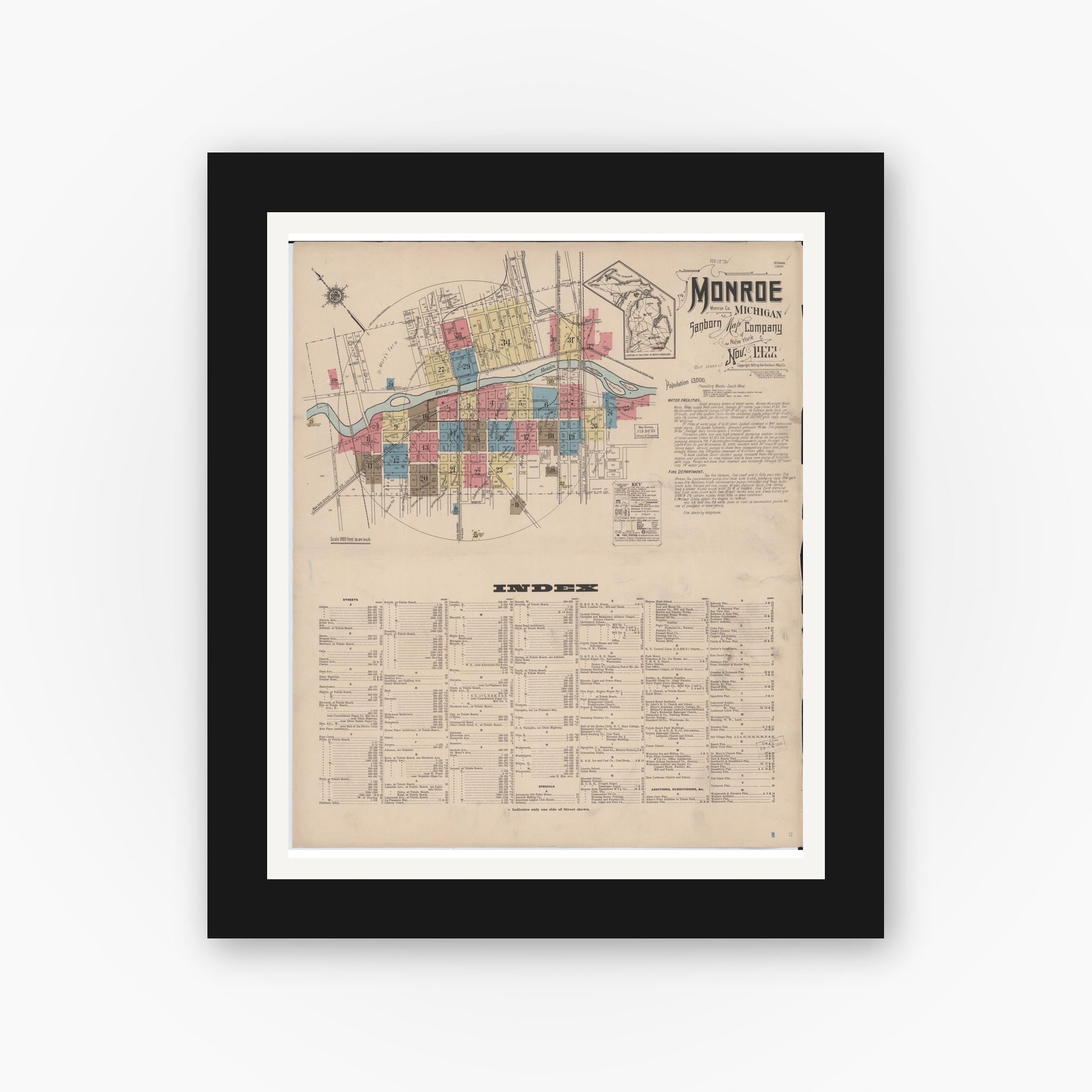 Old map wall art mockup — black gallery frame with white mat — Sanborn Fire Insurance Map from Monroe, Monroe County, Michigan (1922), Sheet #0001