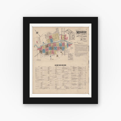 Old map wall art mockup — black gallery frame with white mat — Sanborn Fire Insurance Map from Monroe, Monroe County, Michigan (1922), Sheet #0001
