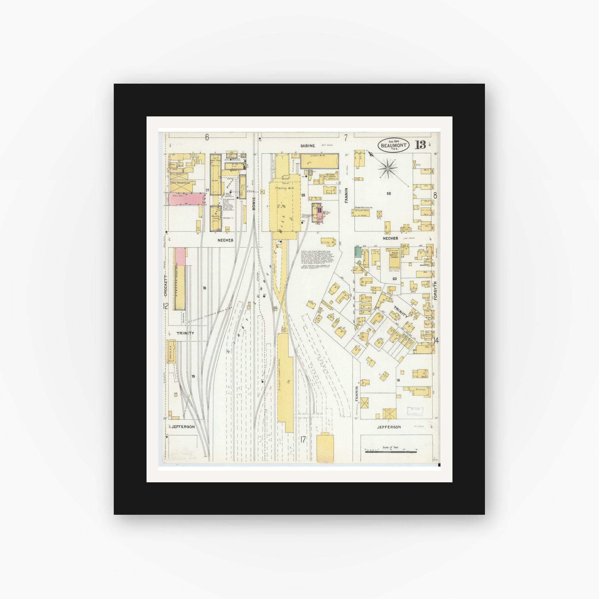 Old map wall art mockup — black gallery frame with white mat — Sanborn Fire Insurance Map from Beaumont, Jefferson County, Texas (1904), Sheet #0013