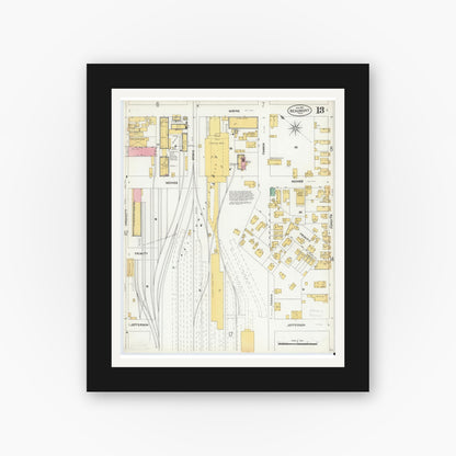 Old map wall art mockup — black gallery frame with white mat — Sanborn Fire Insurance Map from Beaumont, Jefferson County, Texas (1904), Sheet #0013