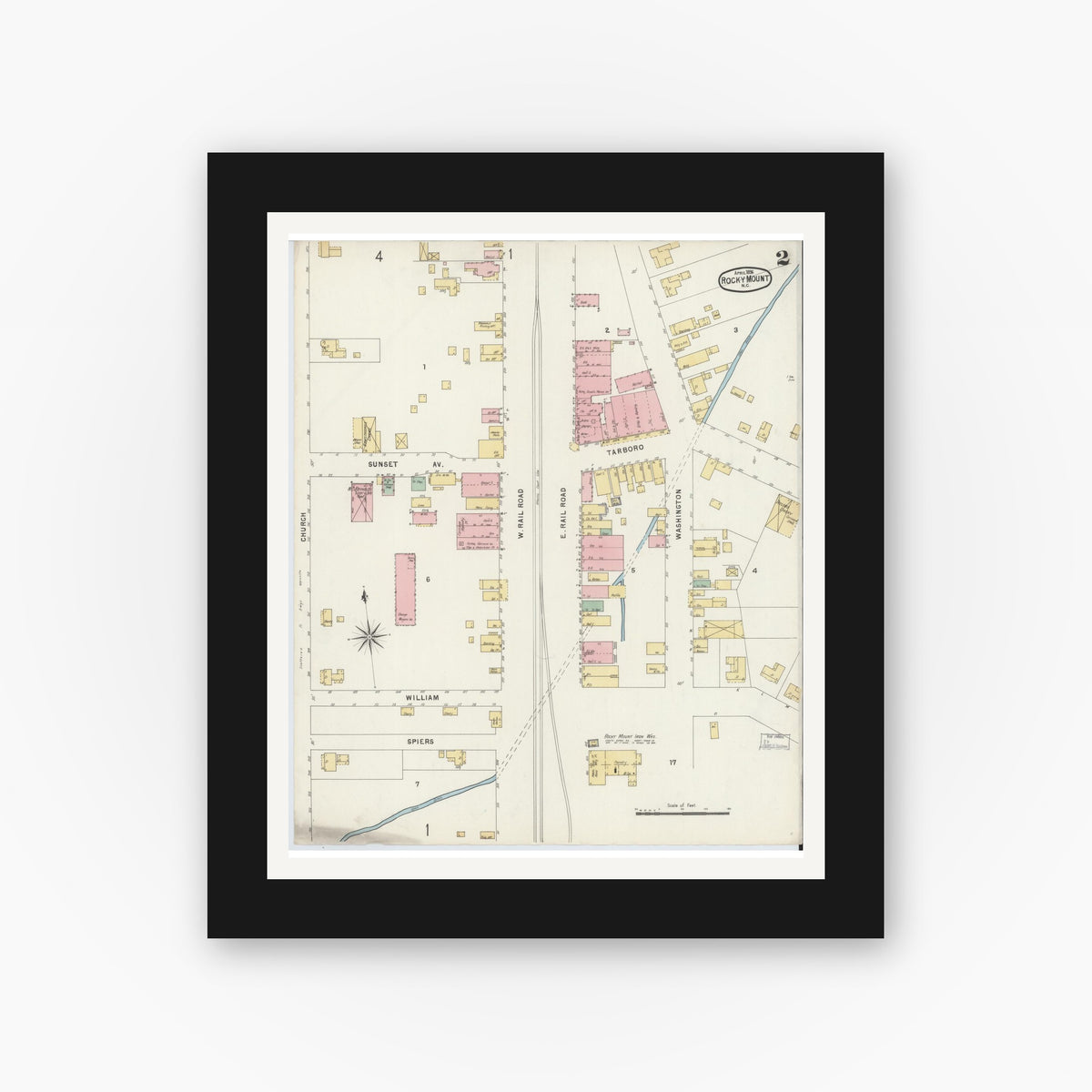 Old map wall art mockup — black gallery frame with white mat — Sanborn Fire Insurance Map from Rocky Mount, Edgecombe And Nash Counties, North Carolina (1896), Sheet #0002
