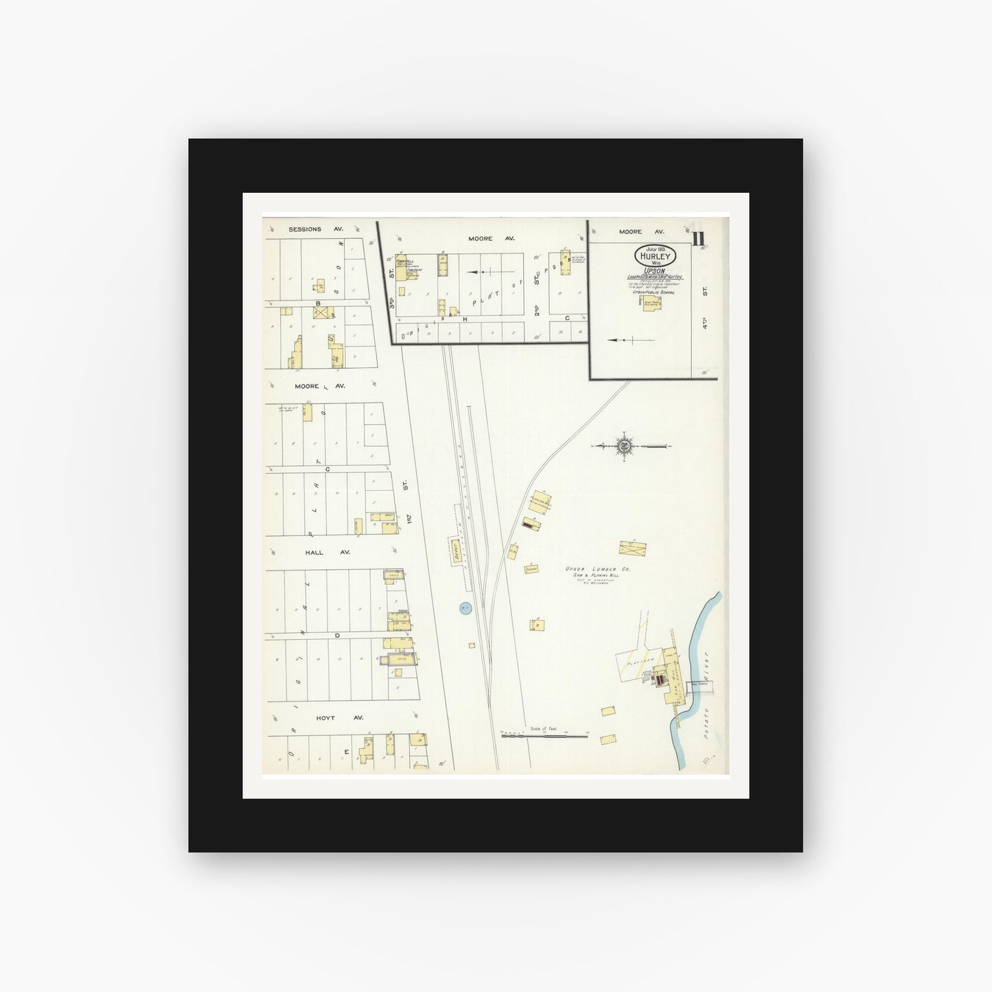 Old map wall art mockup — black gallery frame with white mat — Sanborn Fire Insurance Map from Hurley, Iron County, Wisconsin (1913), Sheet #0011