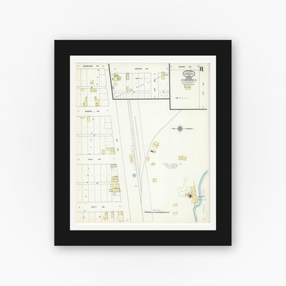 Old map wall art mockup — black gallery frame with white mat — Sanborn Fire Insurance Map from Hurley, Iron County, Wisconsin (1913), Sheet #0011