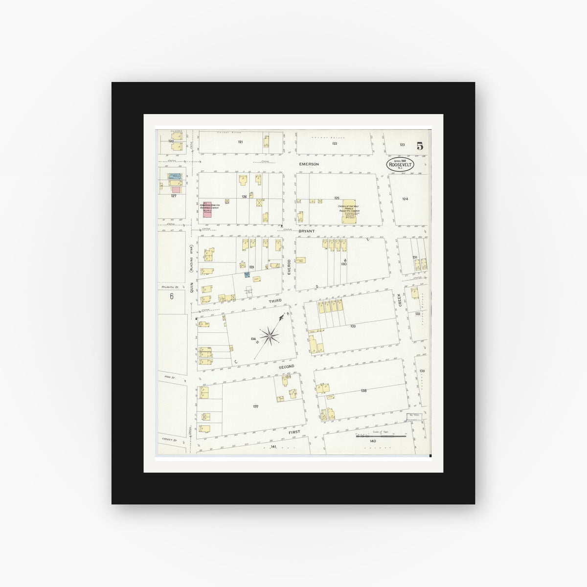 Old map wall art mockup — black gallery frame with white mat — Sanborn Fire Insurance Map from Roosevelt, Middlesex County, New Jersey (1908), Sheet #0005