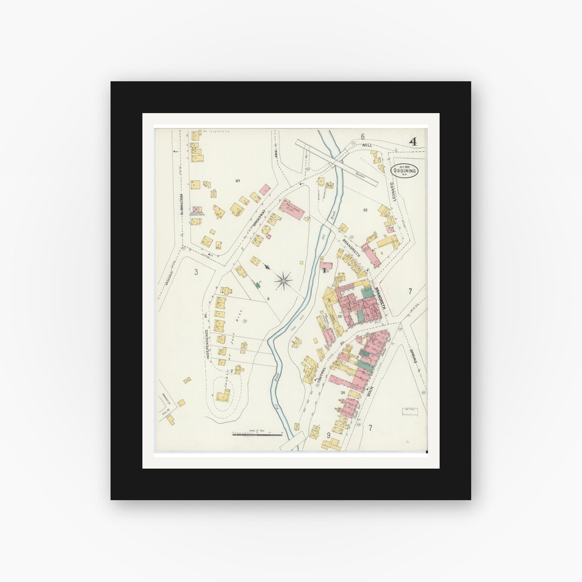 Old map wall art mockup — black gallery frame with white mat — Sanborn Fire Insurance Map from Ossining, Westchester County, New York (1903), Sheet #0004