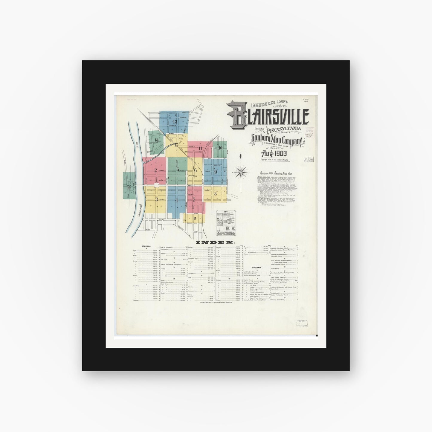 Old map wall art mockup — black gallery frame with white mat — Sanborn Fire Insurance Map from Blairsville, Indiana County, Pennsylvania (1903) - Complete Map Set