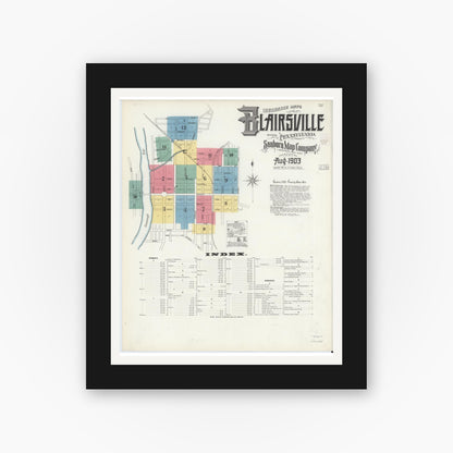 Old map wall art mockup — black gallery frame with white mat — Sanborn Fire Insurance Map from Blairsville, Indiana County, Pennsylvania (1903) - Complete Map Set