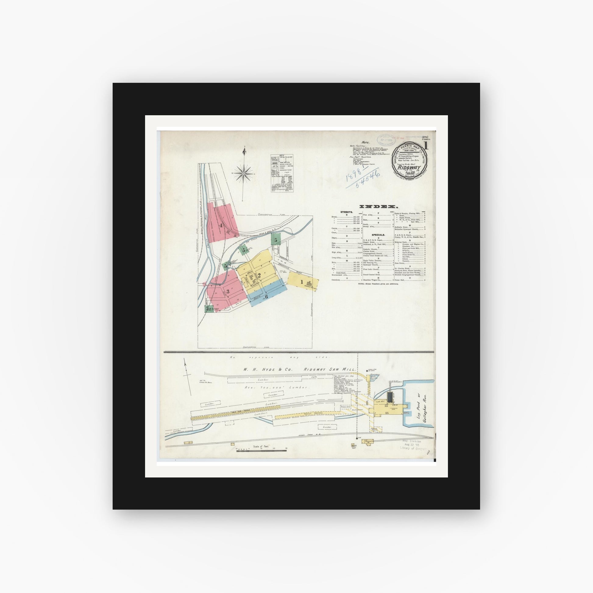Old map wall art mockup — black gallery frame with white mat — Sanborn Fire Insurance Map from Ridgway, Elk County, Pennsylvania (1898) - Complete Map Set