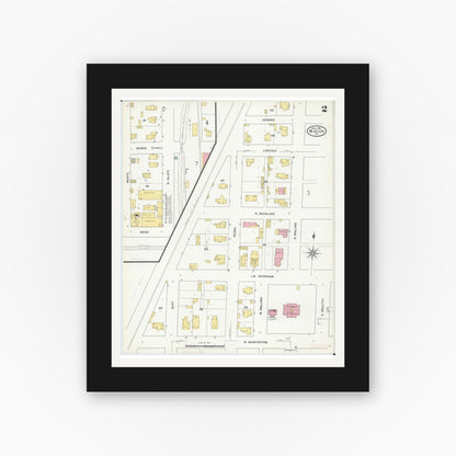 Old map wall art mockup — black gallery frame with white mat — Sanborn Fire Insurance Map from Macon, Macon County, Missouri (1909), Sheet #0002