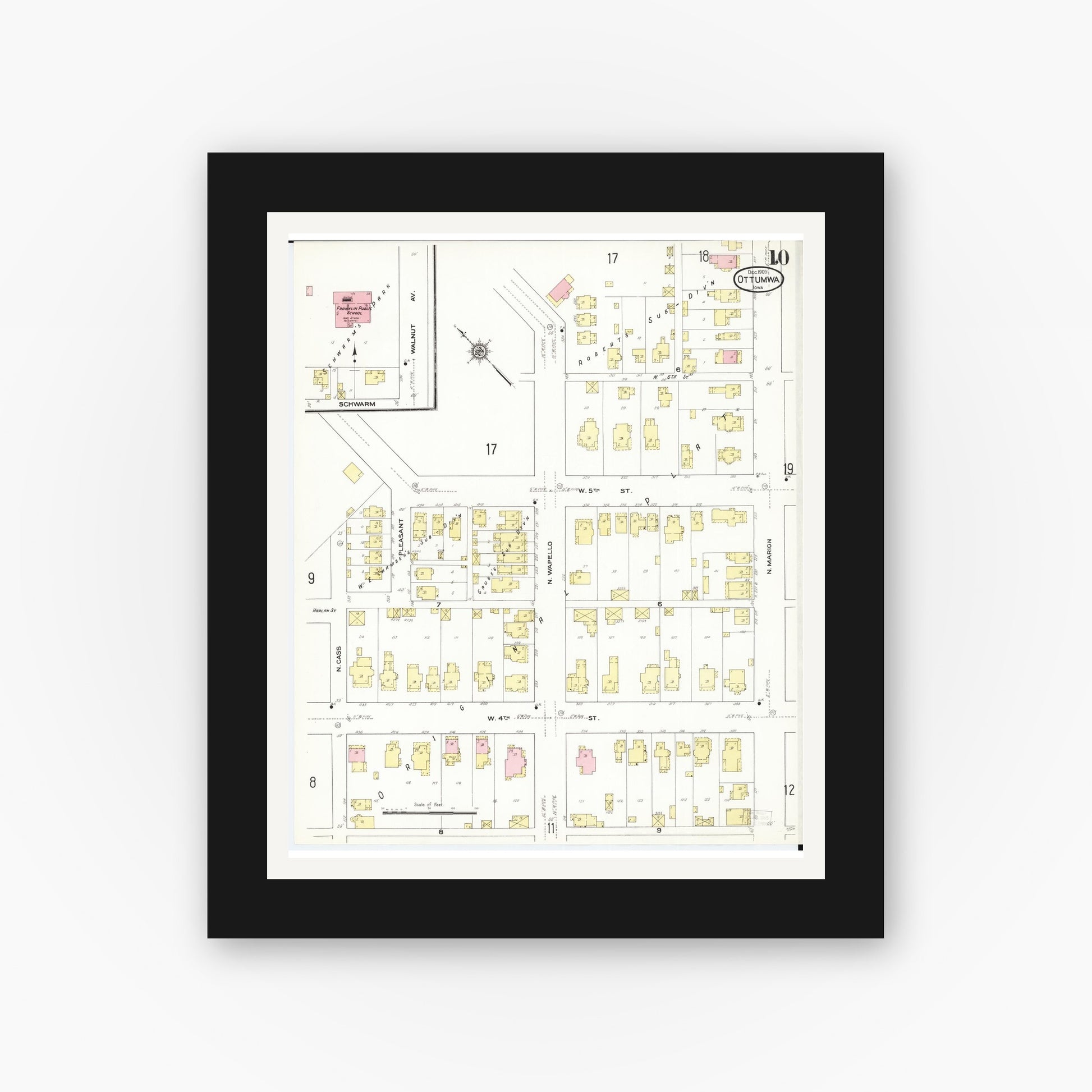 Old map wall art mockup — black gallery frame with white mat — Sanborn Fire Insurance Map from Ottumwa, Wapello County, Iowa (1909), Sheet #0010