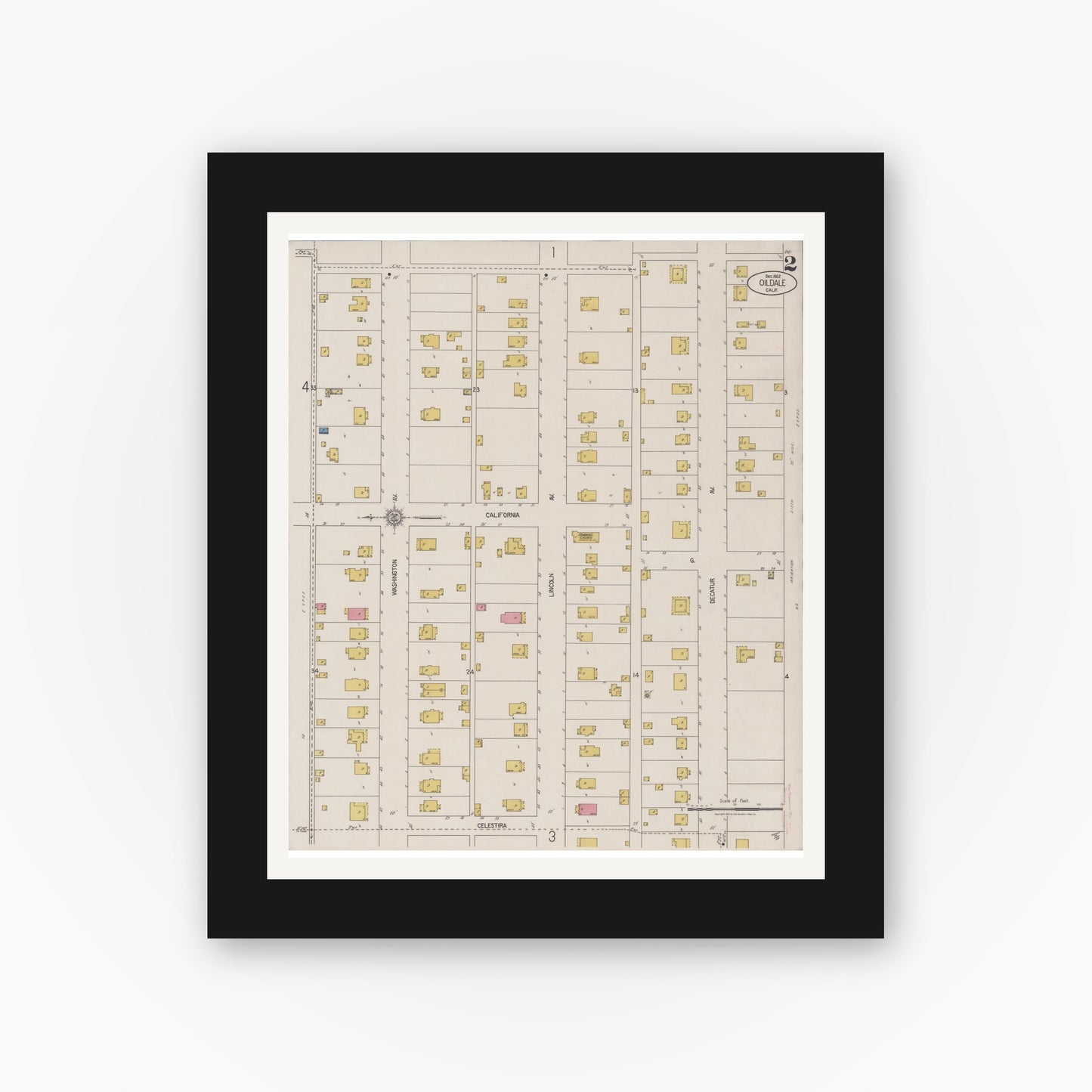 Old map wall art mockup — black gallery frame with white mat — Sanborn Fire Insurance Map from Oildale, Kern County, California (1922) - Complete Map Set