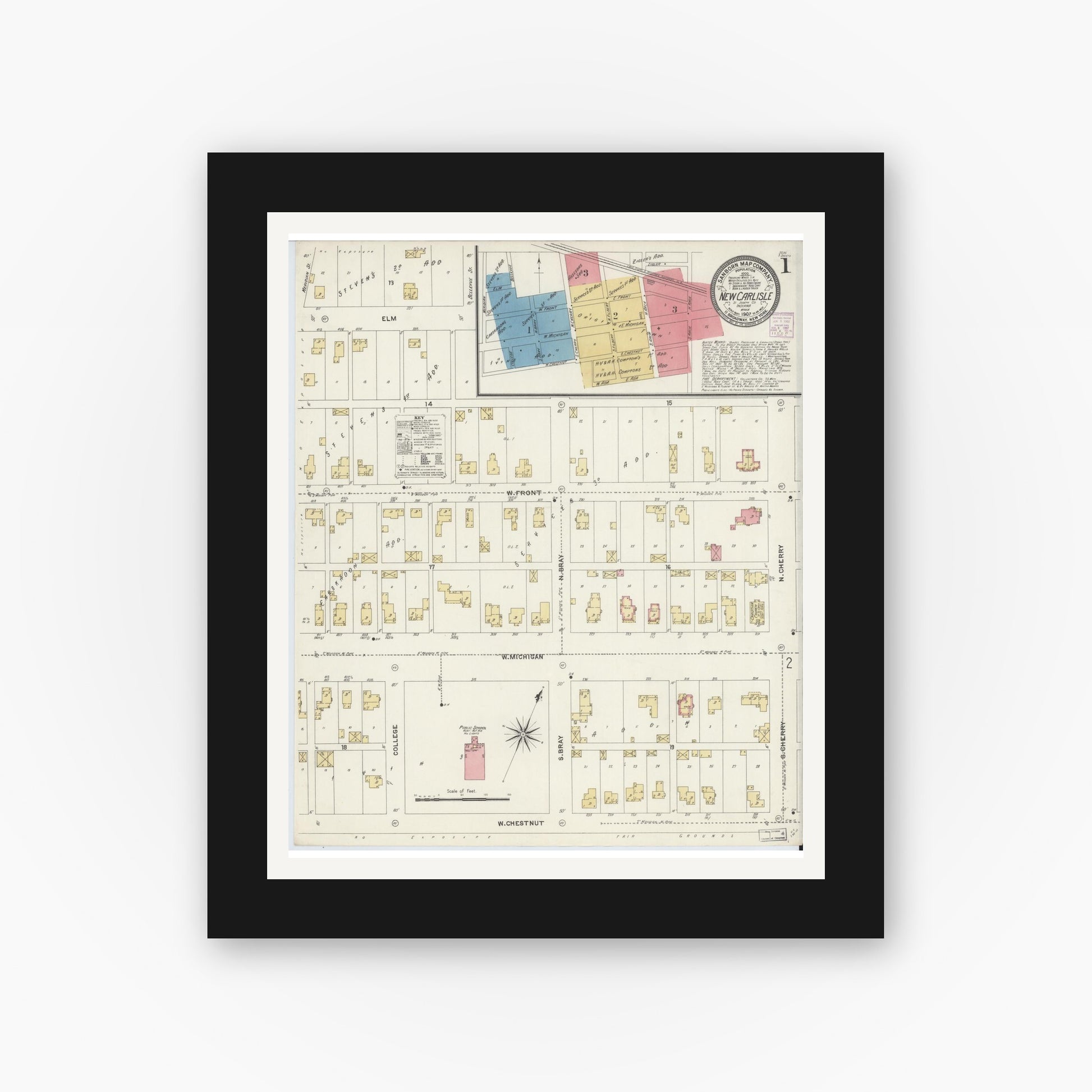 Old map wall art mockup — black gallery frame with white mat — Sanborn Fire Insurance Map from New Carlisle, Saint Joseph County, Indiana (1907) - Complete Map Set
