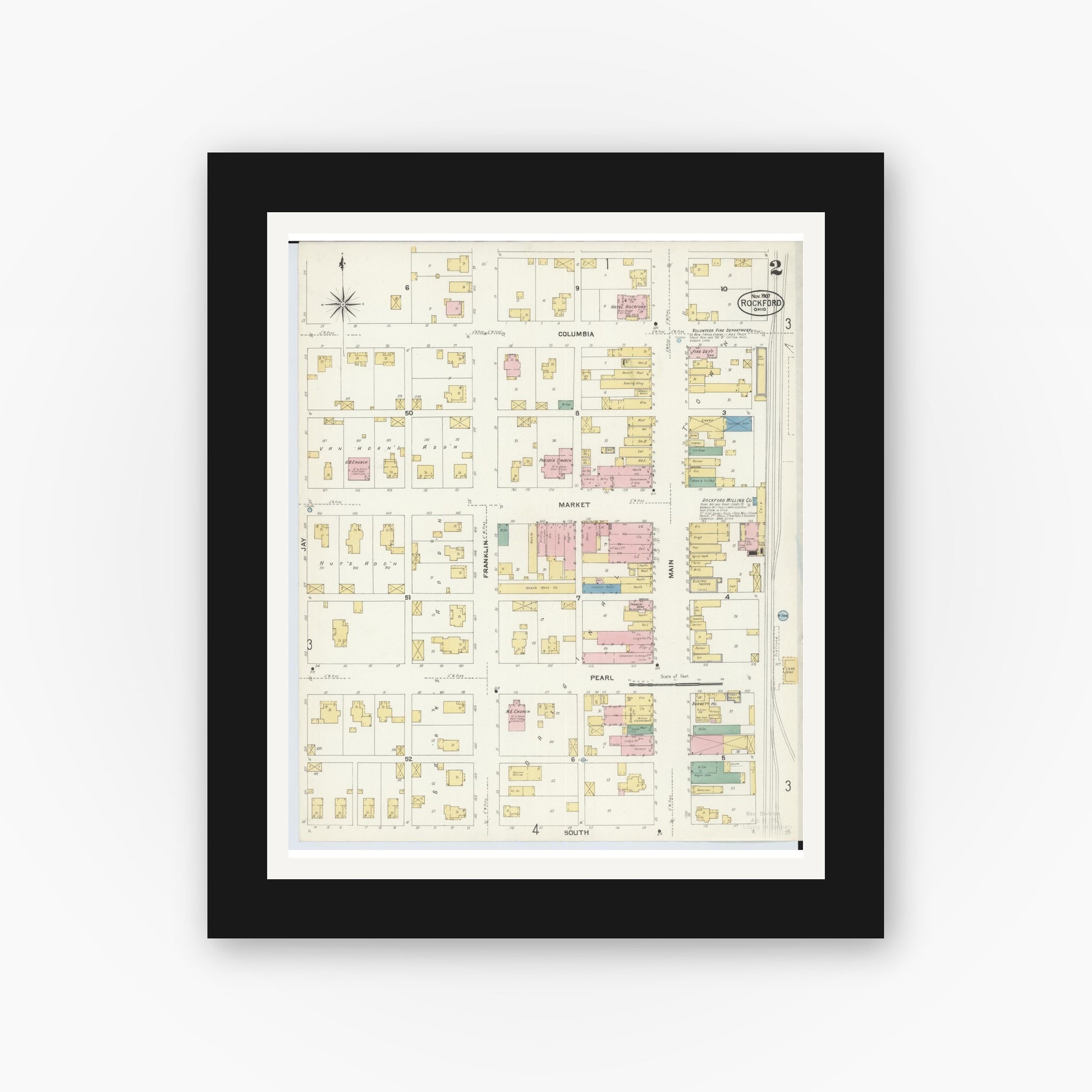 Old map wall art mockup — black gallery frame with white mat — Sanborn Fire Insurance Map from Rockford, Mercer County, Ohio (1907), Sheet #0002