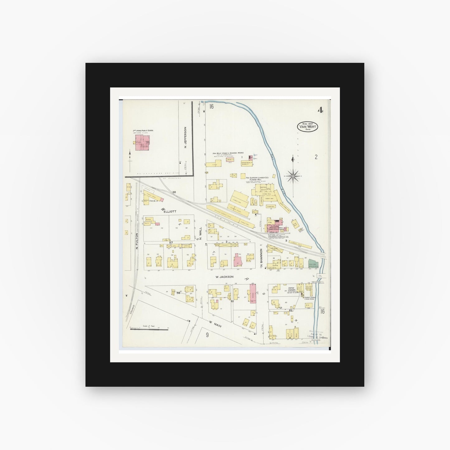 Old map wall art mockup — black gallery frame with white mat — Sanborn Fire Insurance Map from Van Wert, Van Wert County, Ohio (1907), Sheet #0004
