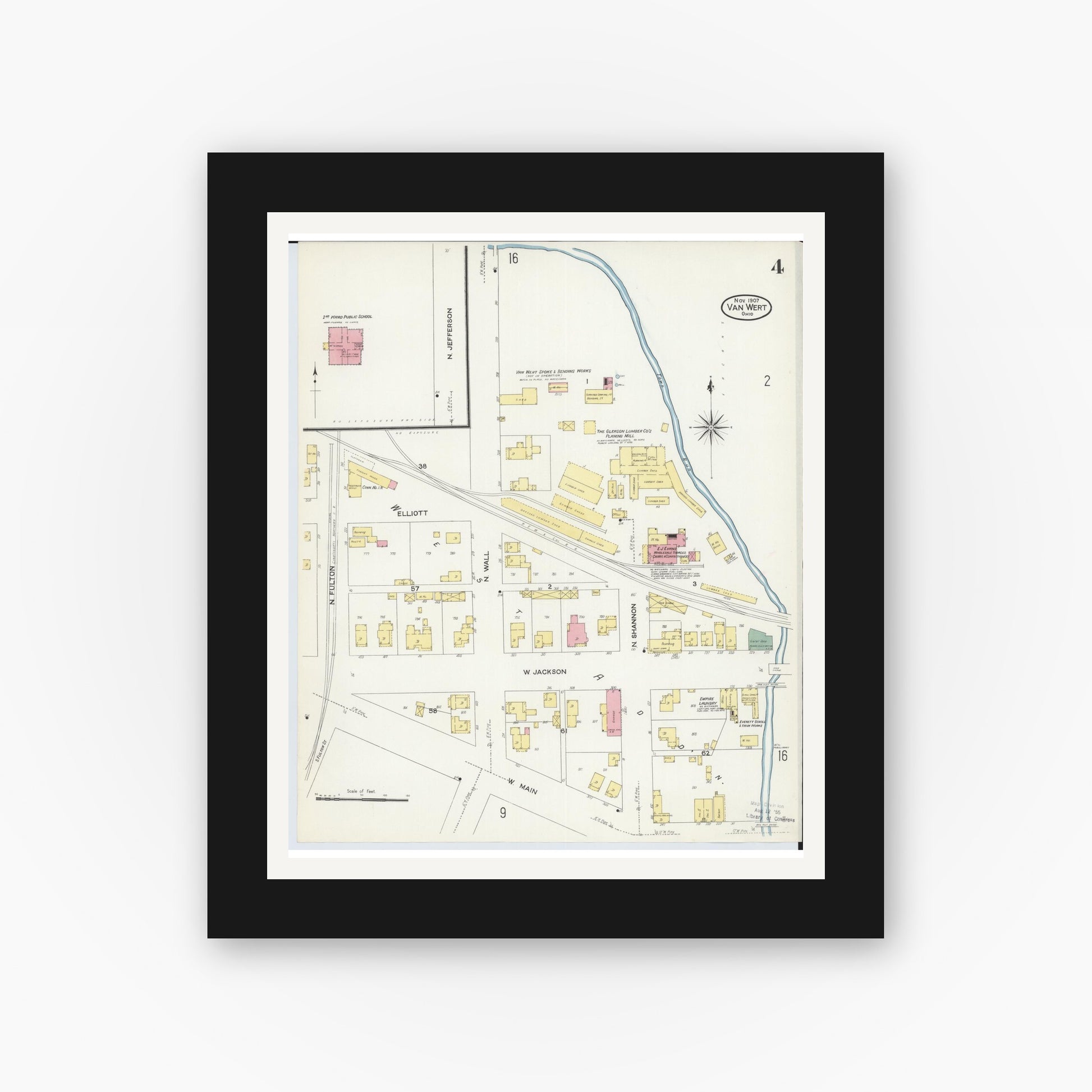 Old map wall art mockup — black gallery frame with white mat — Sanborn Fire Insurance Map from Van Wert, Van Wert County, Ohio (1907), Sheet #0004