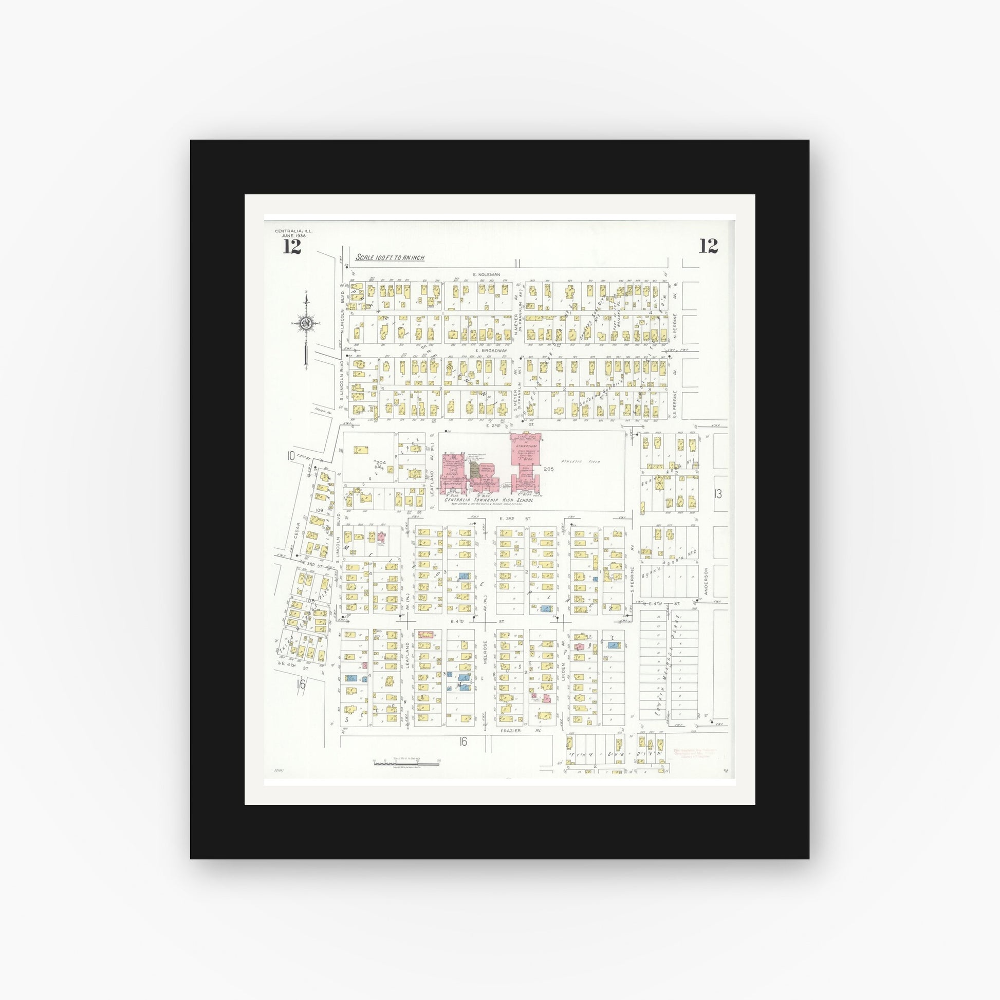 Old map wall art mockup — black gallery frame with white mat — Sanborn Fire Insurance Map from Centralia, Marion, Clinton, Jefferson, and Washington Counties, Illinois (1938), Sheet #0012