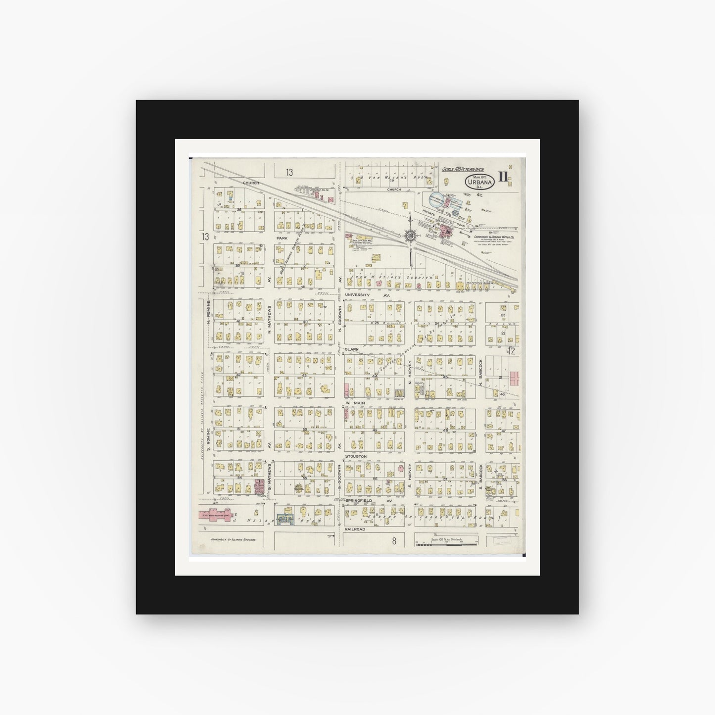 Old map wall art mockup — black gallery frame with white mat — Sanborn Fire Insurance Map from Urbana, Champaign County, Illinois (1915), Sheet #0011