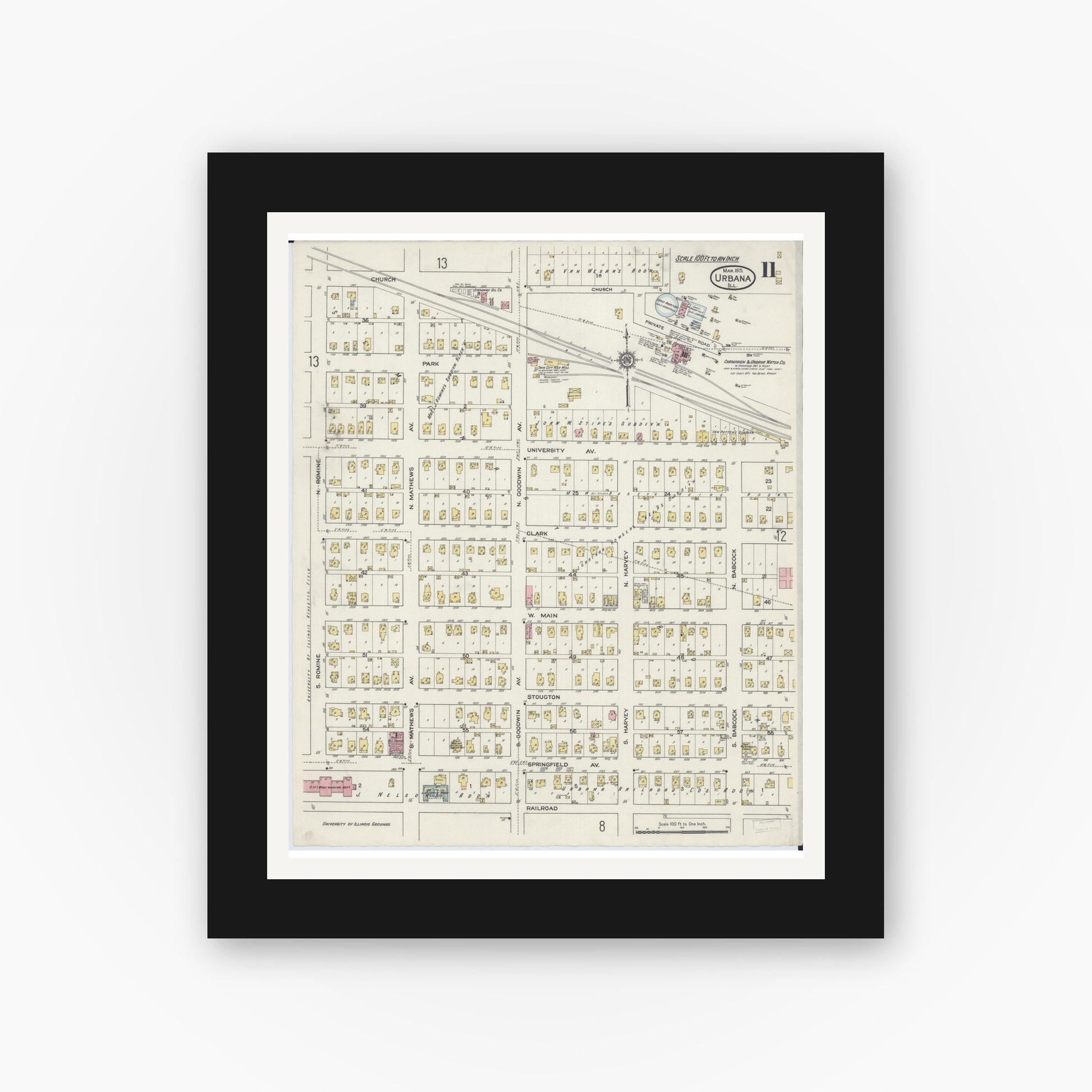 Old map wall art mockup — black gallery frame with white mat — Sanborn Fire Insurance Map from Urbana, Champaign County, Illinois (1915), Sheet #0011