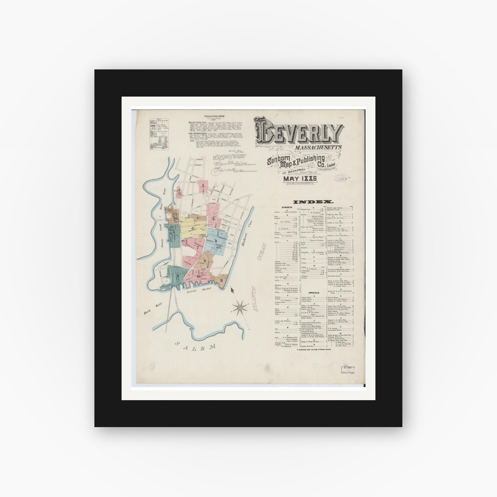 Old map wall art mockup — black gallery frame with white mat — Sanborn Fire Insurance Map from Beverly, Essex County, Massachusetts (1886), Sheet #0001