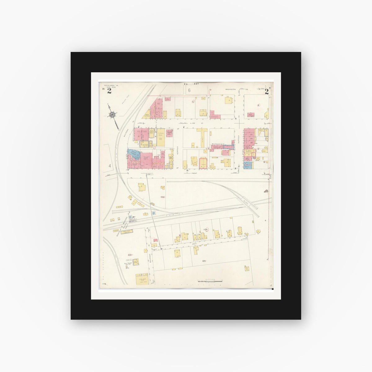 Old map wall art mockup — black gallery frame with white mat — Sanborn Fire Insurance Map from Richlands, Tazewell County, Virginia (1936), Sheet #0002