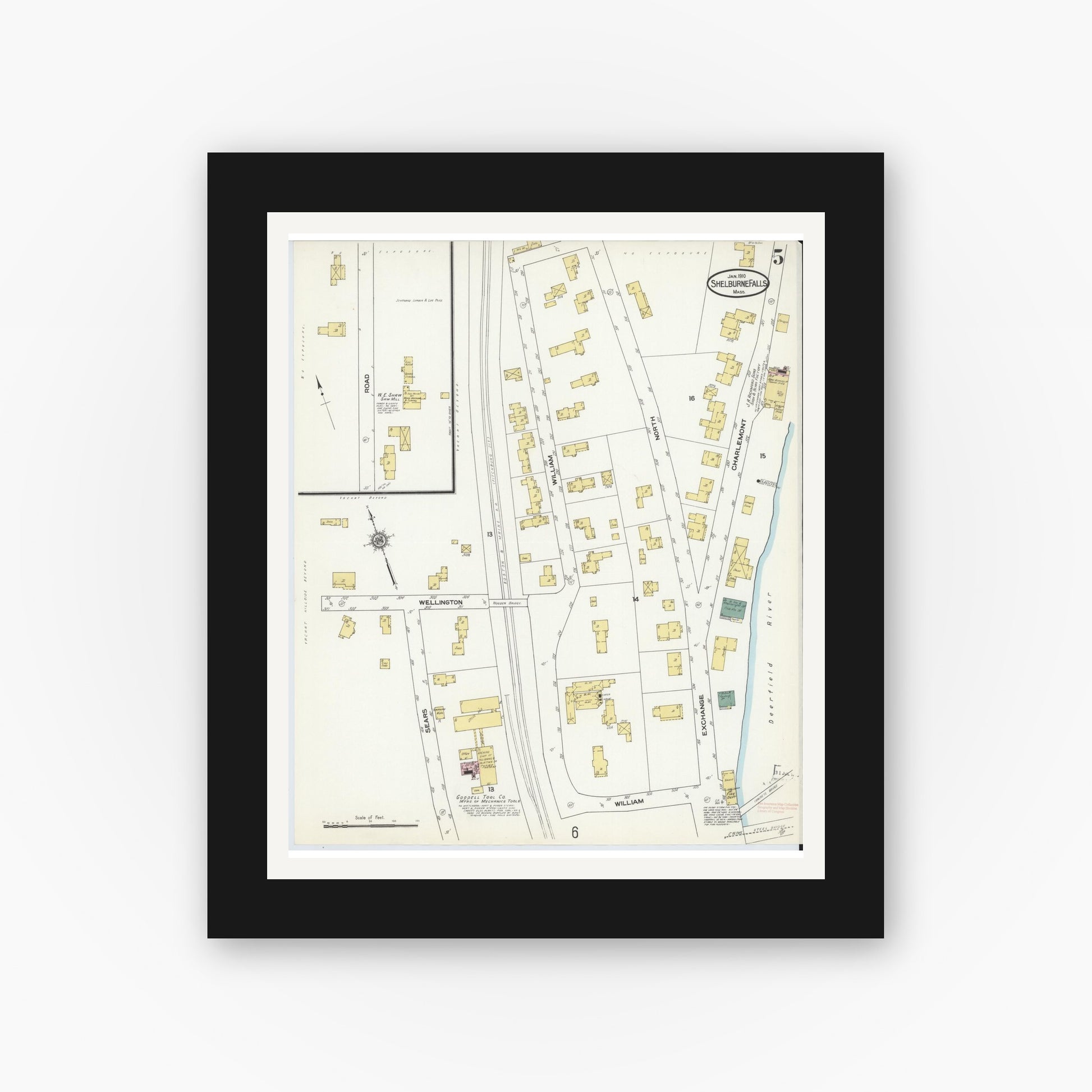 Old map wall art mockup — black gallery frame with white mat — Sanborn Fire Insurance Map from Shelburne Falls, Franklin County, Massachusetts (1910), Sheet #0005