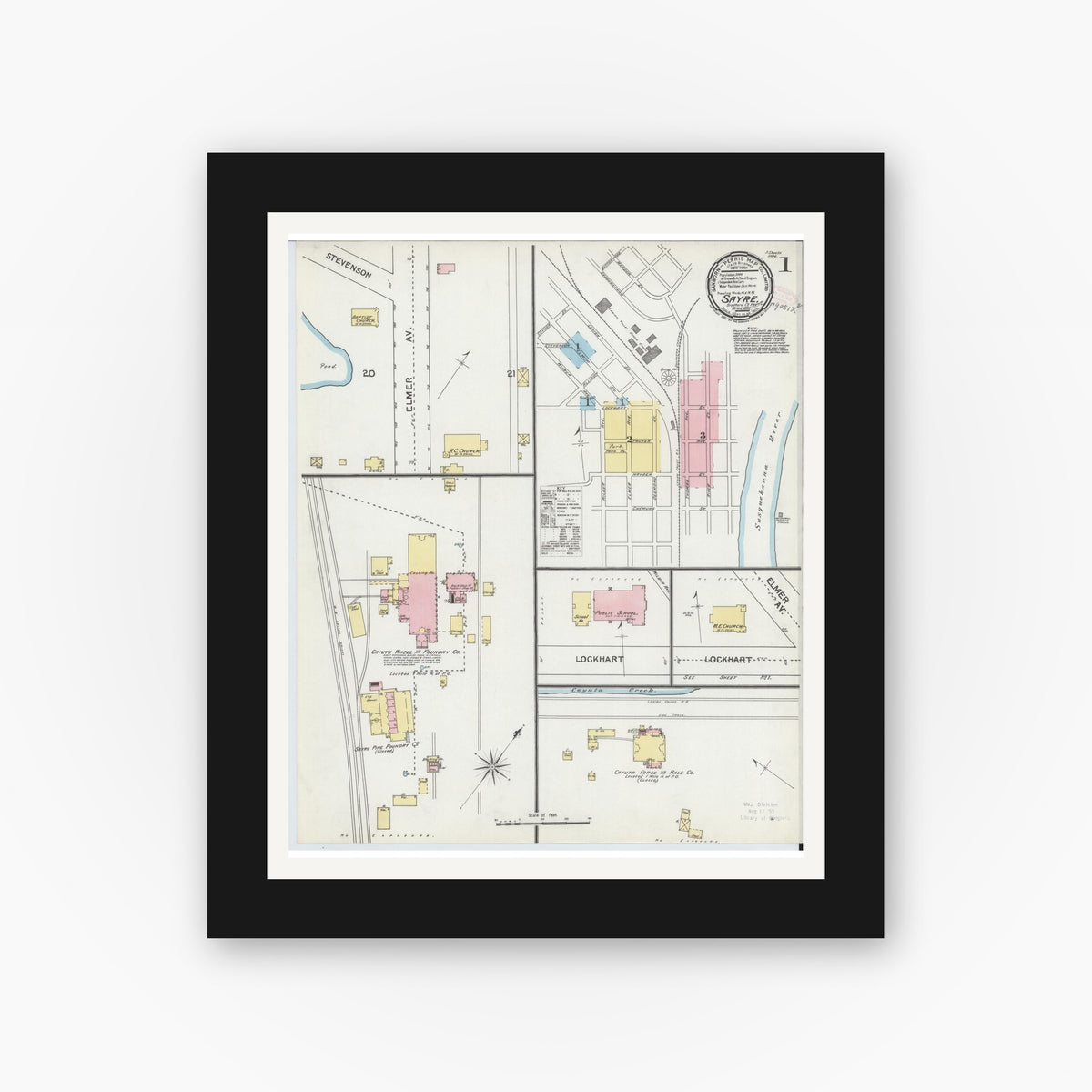 Old map wall art mockup — black gallery frame with white mat — Sanborn Fire Insurance Map from Sayre, Bradford County, Pennsylvania (1892) - Complete Map Set