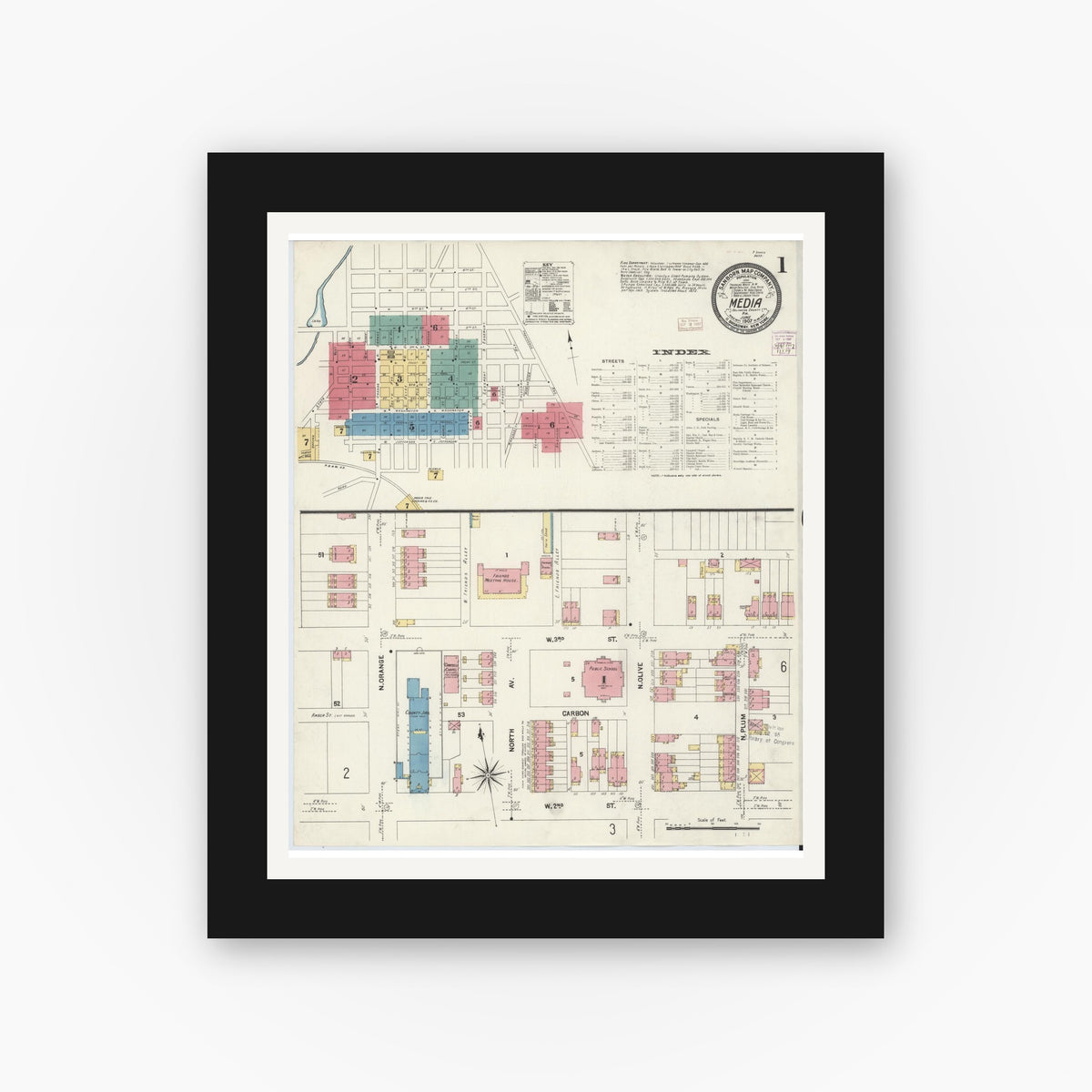 Old map wall art mockup — black gallery frame with white mat — Sanborn Fire Insurance Map from Media, Delaware County, Pennsylvania (1907), Sheet #0001