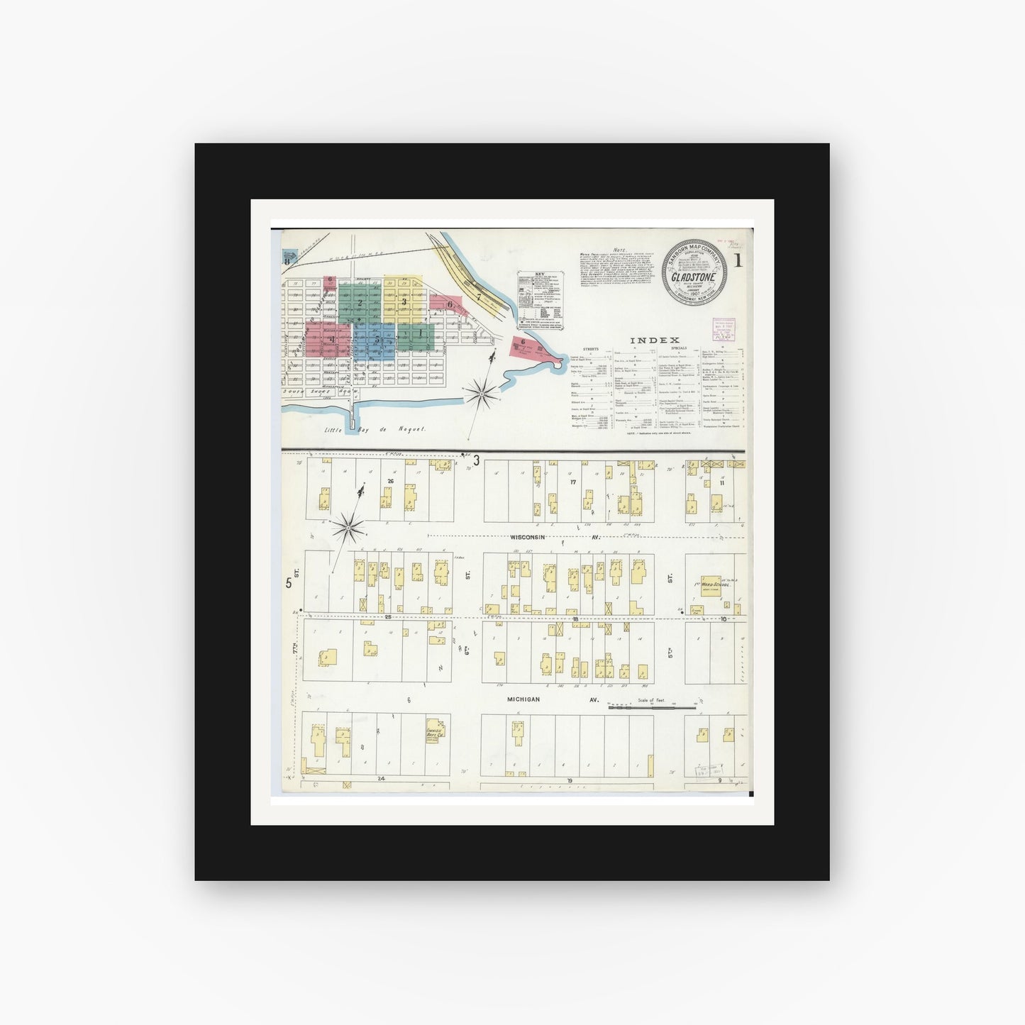 Old map wall art mockup — black gallery frame with white mat — Sanborn Fire Insurance Map from Gladstone, Delta County, Michigan (1907) - Complete Map Set