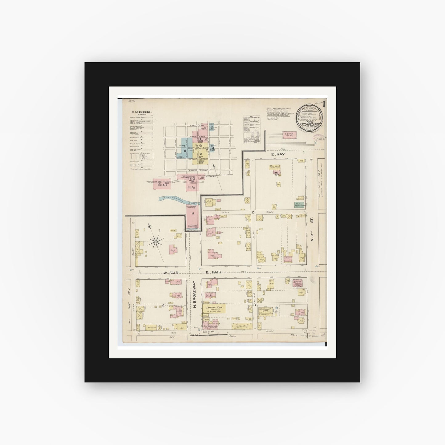 Old map wall art mockup — black gallery frame with white mat — Sanborn Fire Insurance Map from New Philadelphia, Tuscarawas County, Ohio (1887), Sheet #0001