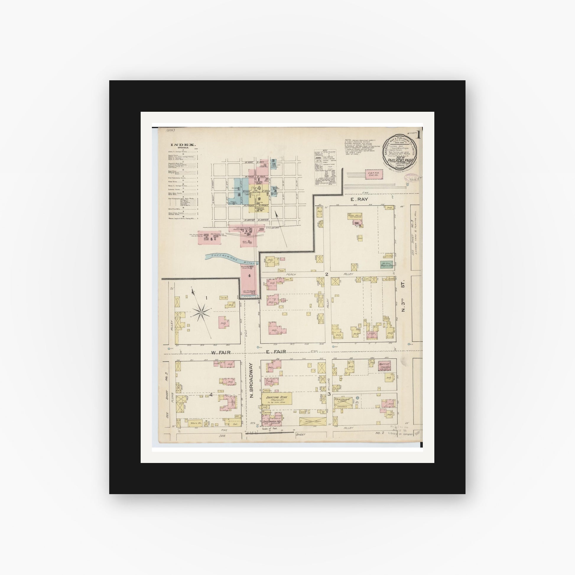 Old map wall art mockup — black gallery frame with white mat — Sanborn Fire Insurance Map from New Philadelphia, Tuscarawas County, Ohio (1887), Sheet #0001