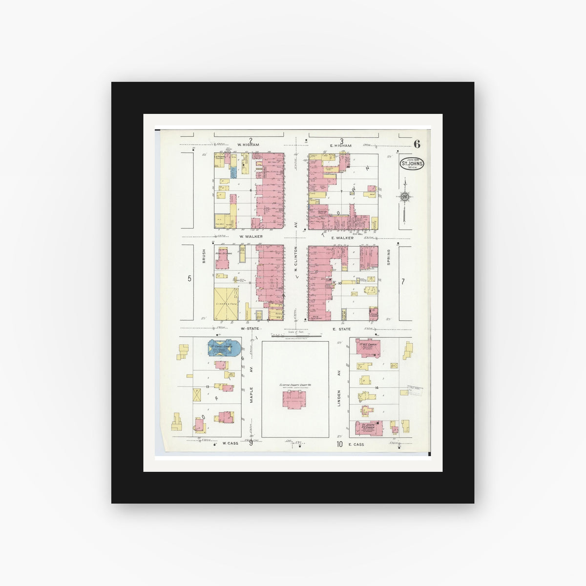 Old map wall art mockup — black gallery frame with white mat — Sanborn Fire Insurance Map from Saint Johns, Clinton County, Michigan (1918), Sheet #0006
