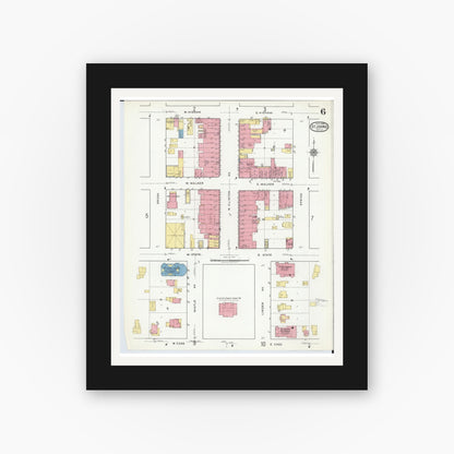 Old map wall art mockup — black gallery frame with white mat — Sanborn Fire Insurance Map from Saint Johns, Clinton County, Michigan (1918), Sheet #0006