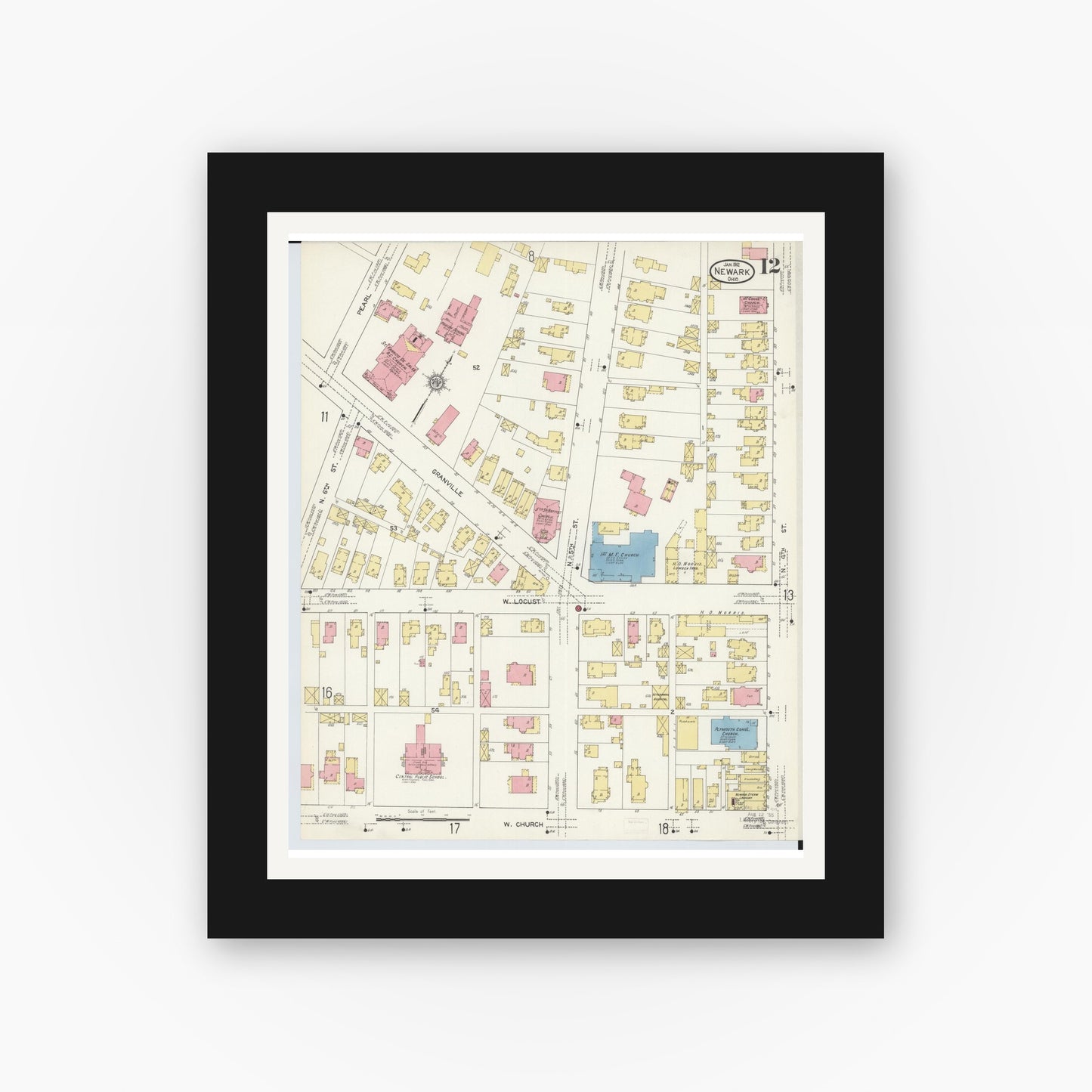 Old map wall art mockup — black gallery frame with white mat — Sanborn Fire Insurance Map from Newark, Licking County, Ohio (1912), Sheet #0012