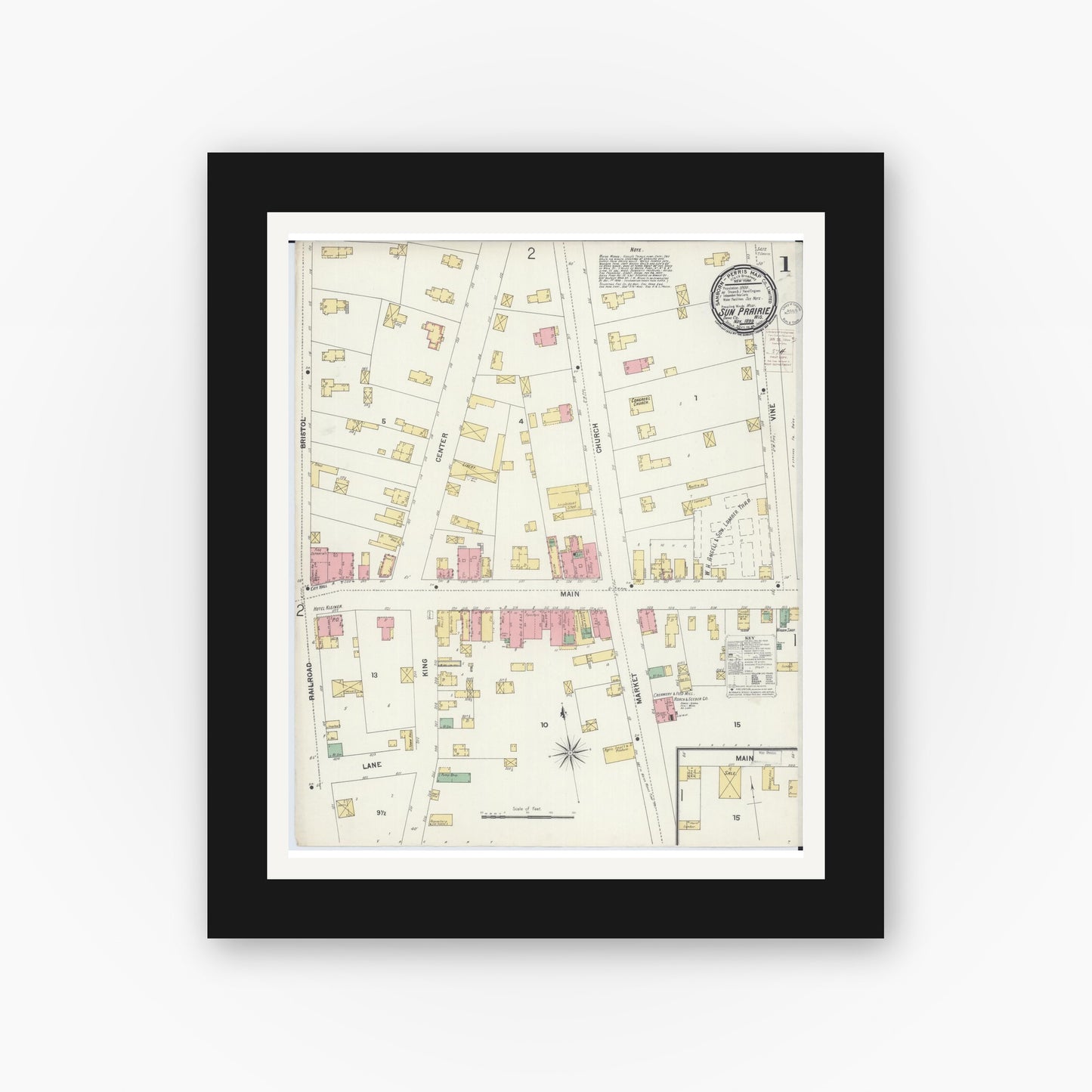 Old map wall art mockup — black gallery frame with white mat — Sanborn Fire Insurance Map from Sun Prairie, Dane County, Wisconsin (1899) - Complete Map Set