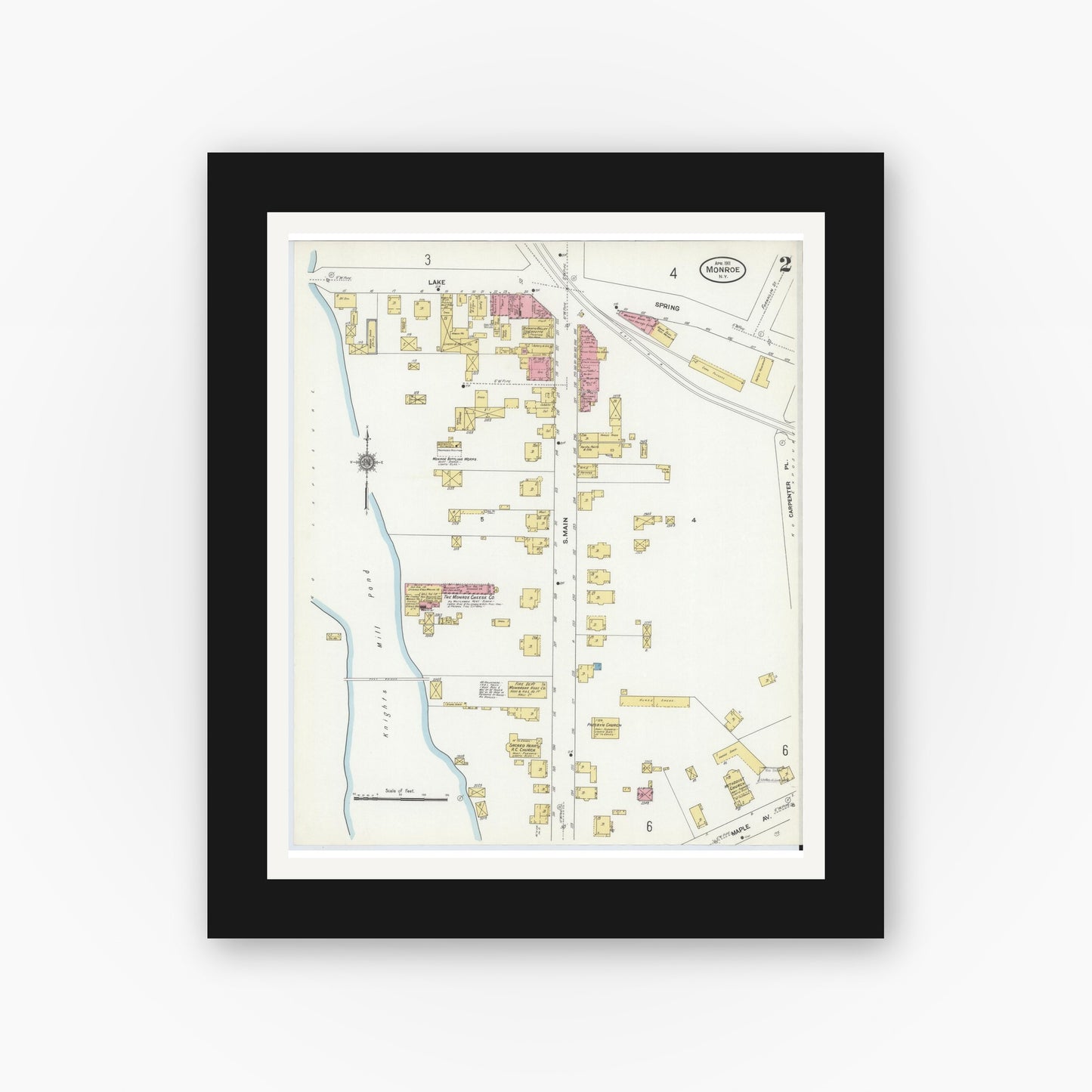 Old map wall art mockup — black gallery frame with white mat — Sanborn Fire Insurance Map from Monroe, Orange County, New York (1911), Sheet #0002
