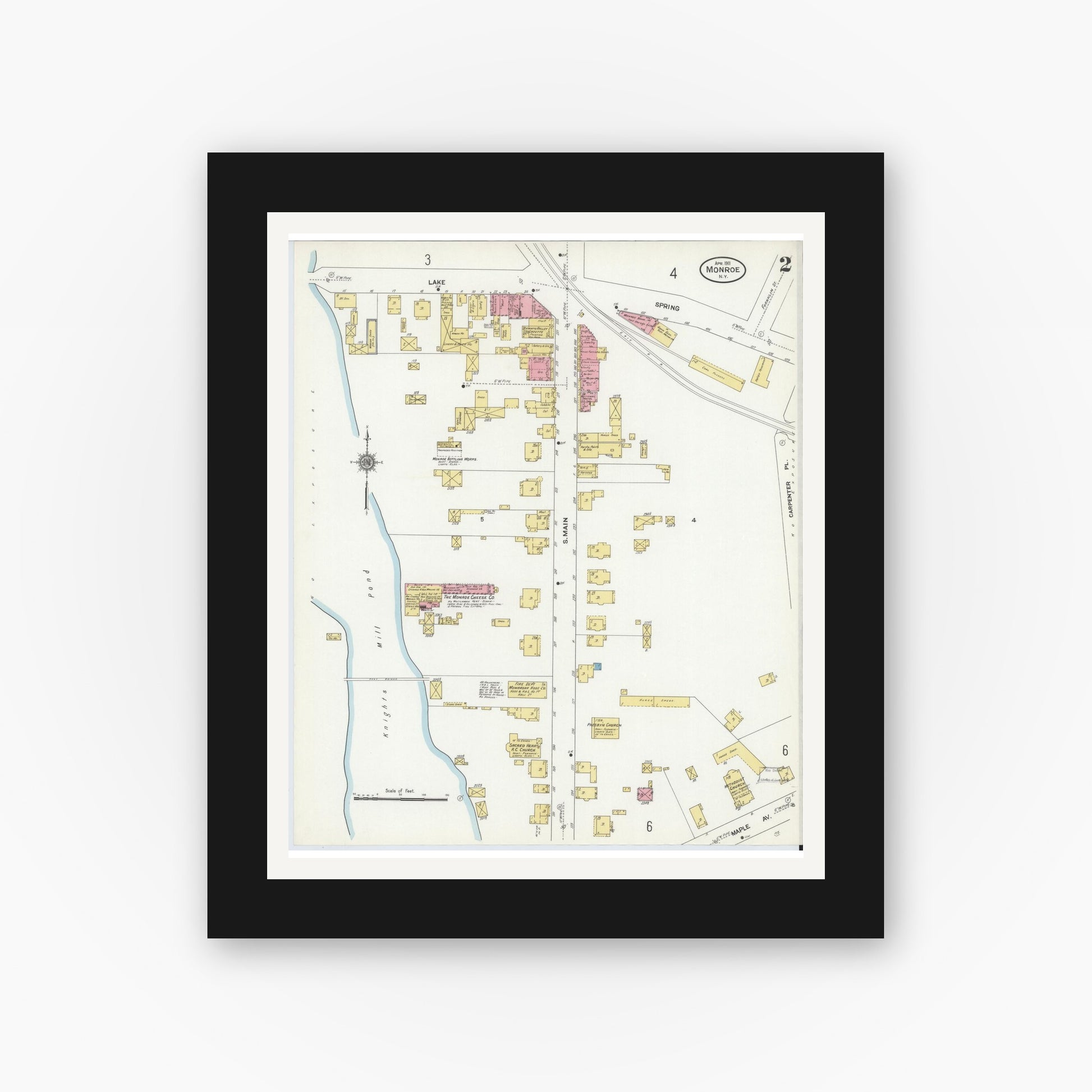 Old map wall art mockup — black gallery frame with white mat — Sanborn Fire Insurance Map from Monroe, Orange County, New York (1911), Sheet #0002