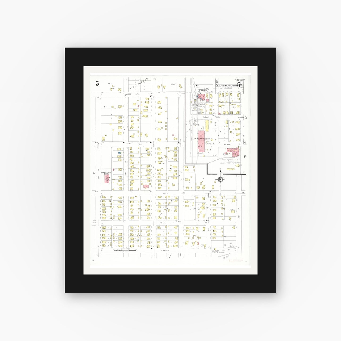 Old map wall art mockup — black gallery frame with white mat — Sanborn Fire Insurance Map from Perry, Dallas County, Iowa (1933), Sheet #0005