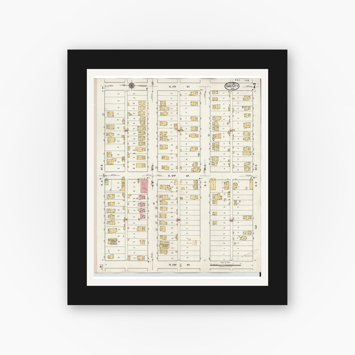 Old map wall art mockup — black gallery frame with white mat — Sanborn Fire Insurance Map from Gas City, Grant County, Indiana (1932), Sheet #0007