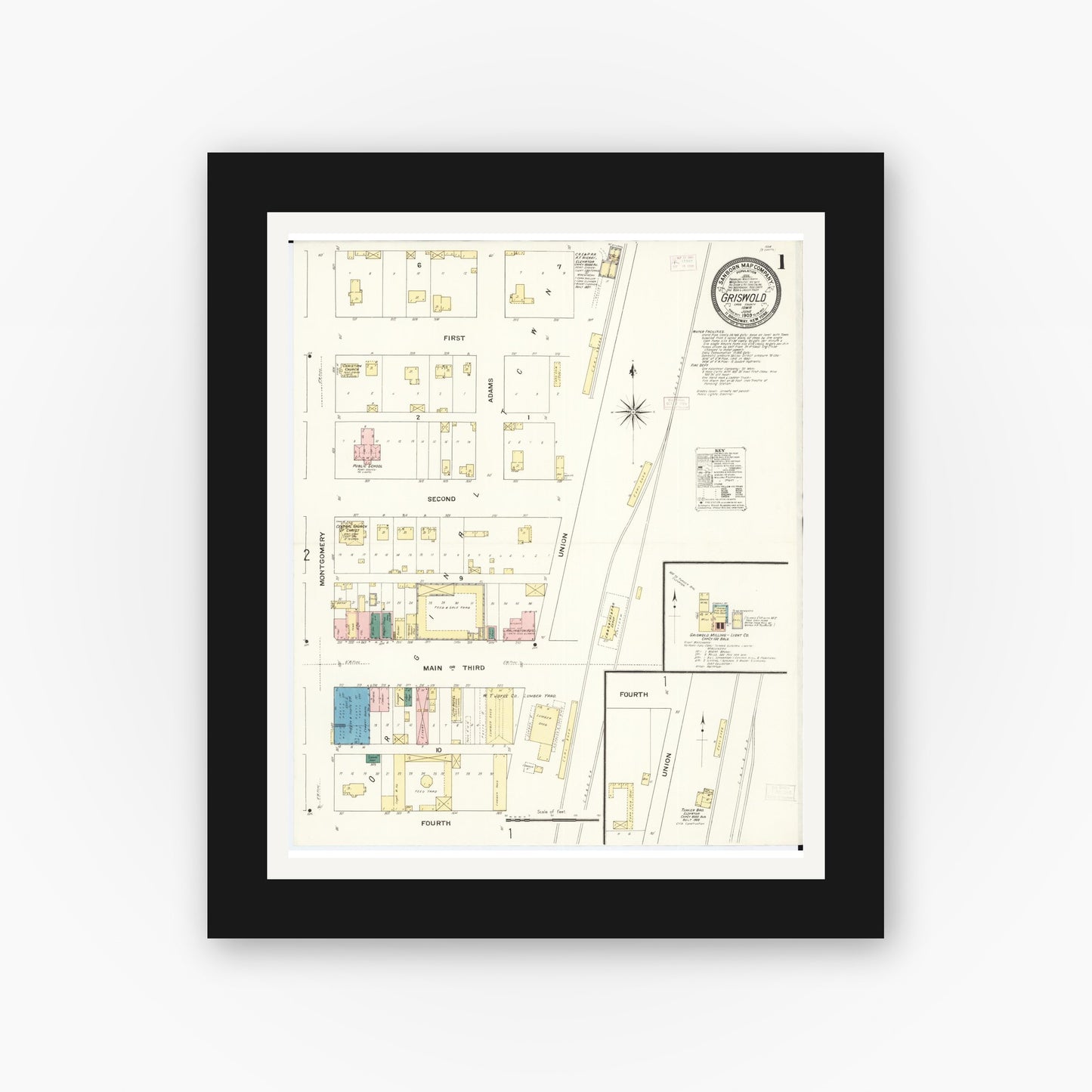 Old map wall art mockup — black gallery frame with white mat — Sanborn Fire Insurance Map from Griswold, Cass County, Iowa (1909) â€” Complete Set