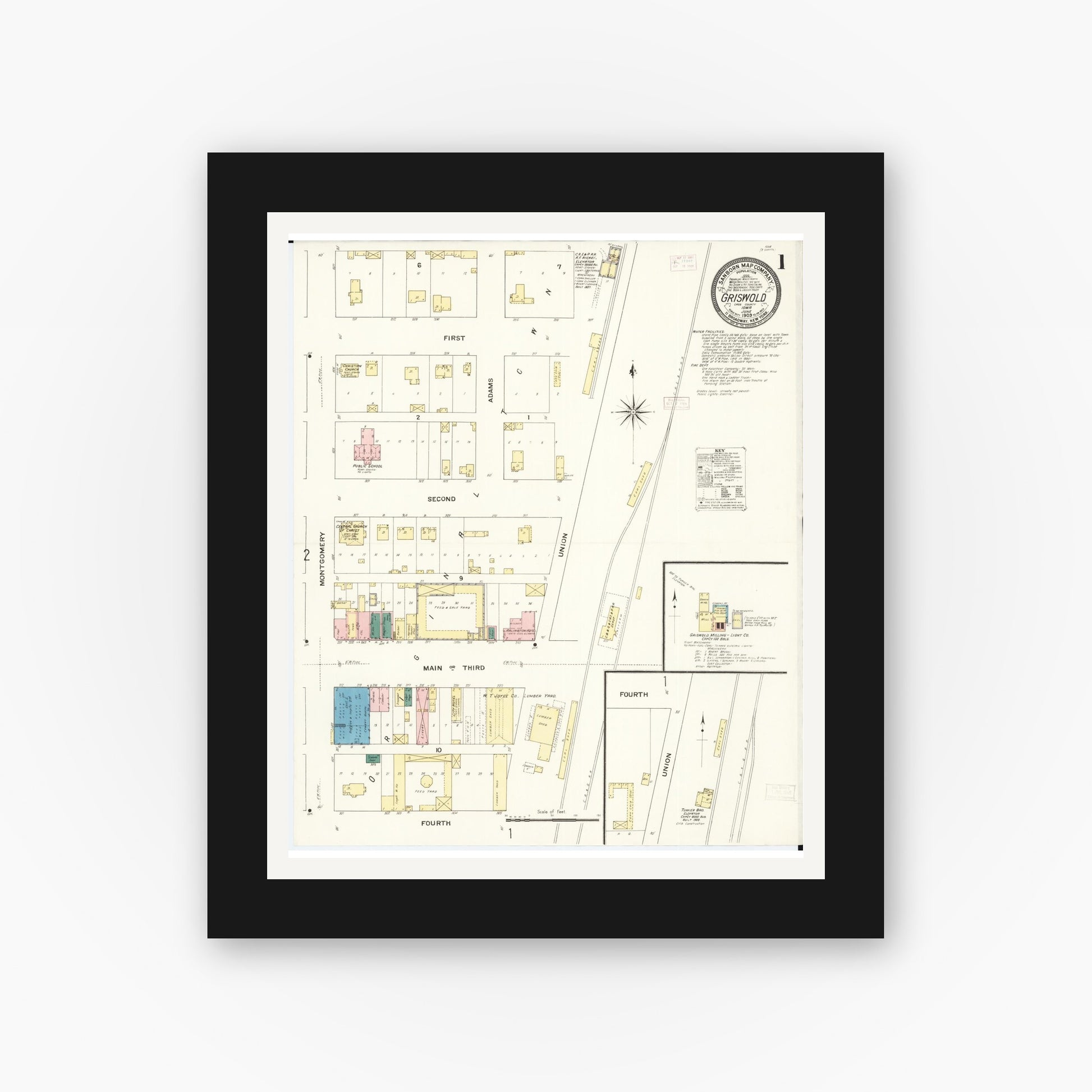 Old map wall art mockup — black gallery frame with white mat — Sanborn Fire Insurance Map from Griswold, Cass County, Iowa (1909) â€” Complete Set