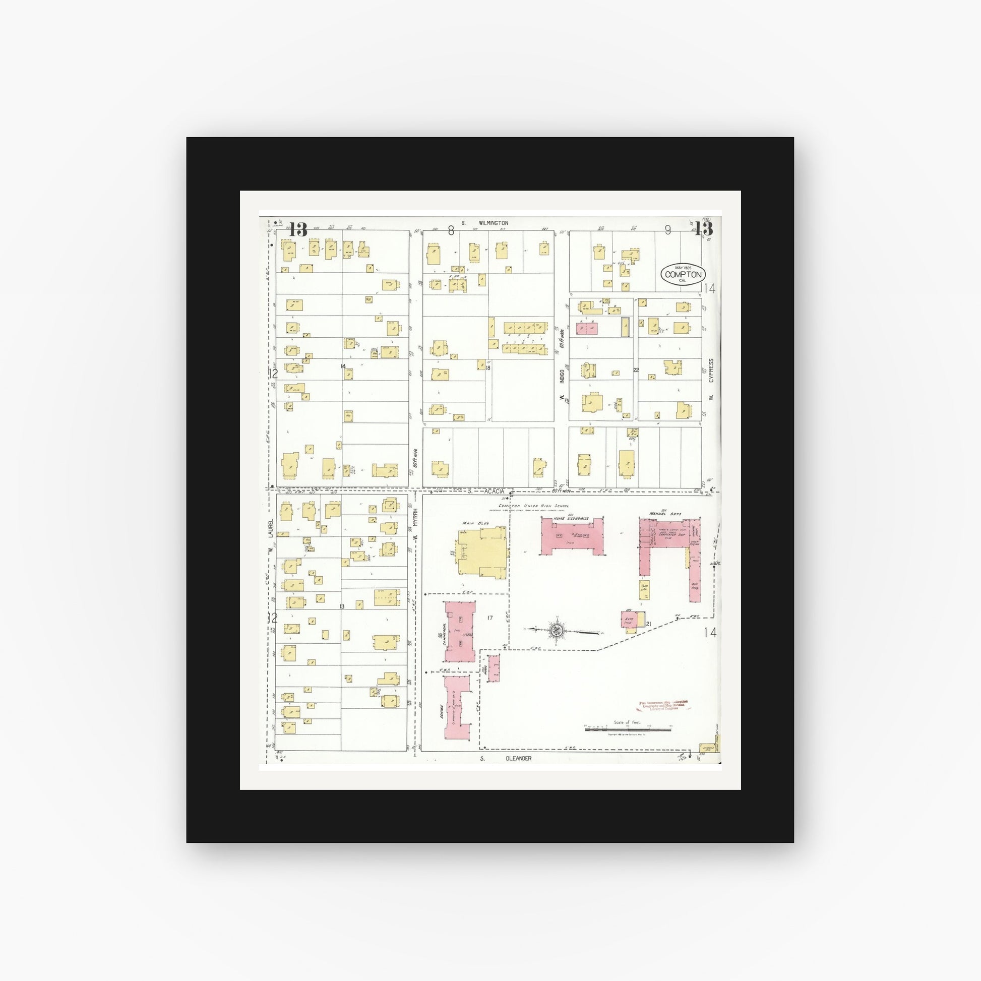 Old map wall art mockup — black gallery frame with white mat — Sanborn Fire Insurance Map from Compton, Los Angeles County, California (1925), Sheet #0013