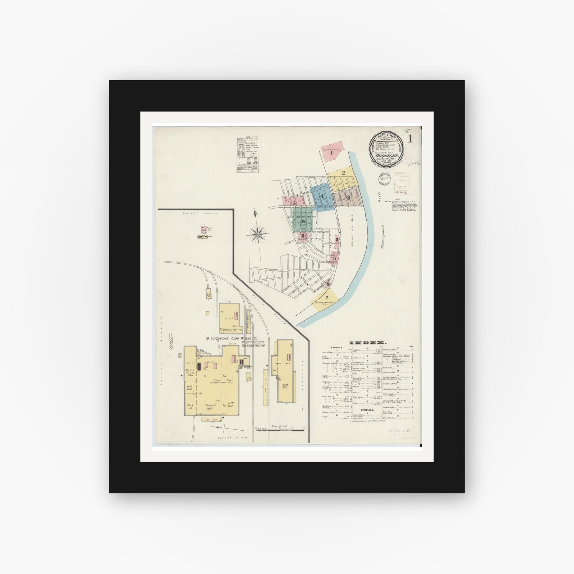 Old map wall art mockup — black gallery frame with white mat — Sanborn Fire Insurance Map from Duquesne, Allegheny County, Pennsylvania (1896) - Complete Map Set