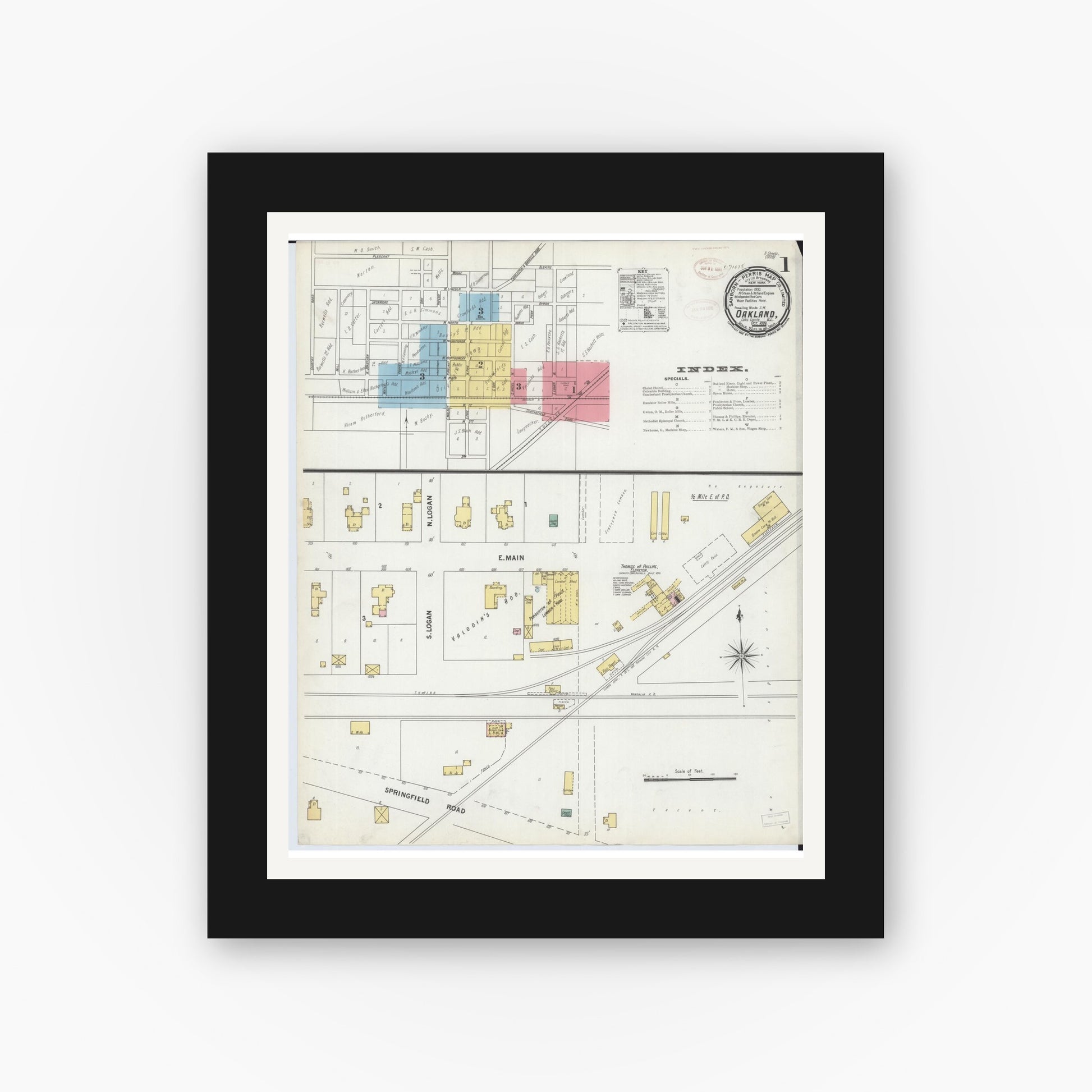 Old map wall art mockup — black gallery frame with white mat — Sanborn Fire Insurance Map from Oakland, Coles County, Illinois (1899) - Complete Map Set