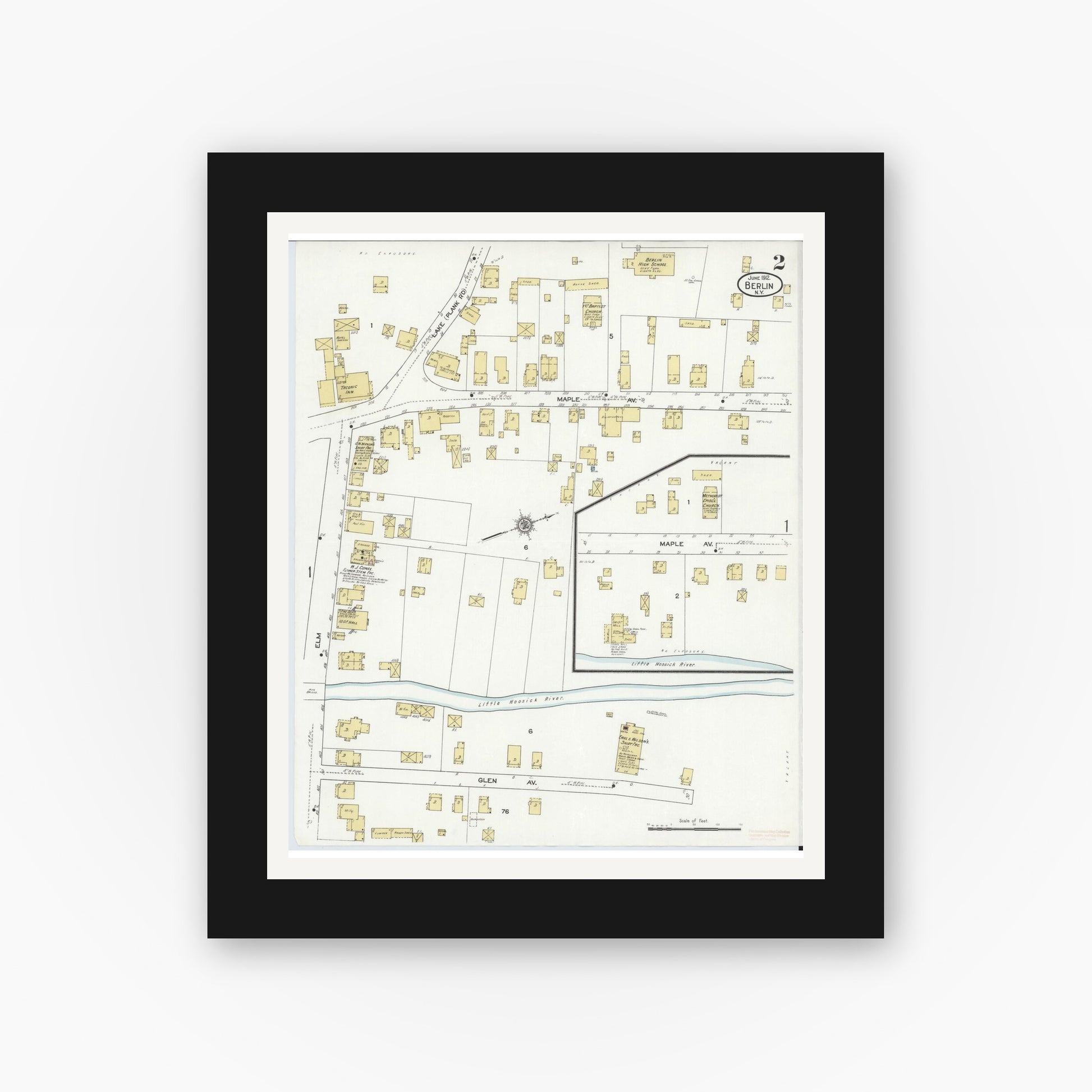 Old map wall art mockup — black gallery frame with white mat — Sanborn Fire Insurance Map from Berlin, Rensselaer County, New York (1912), Sheet #0002