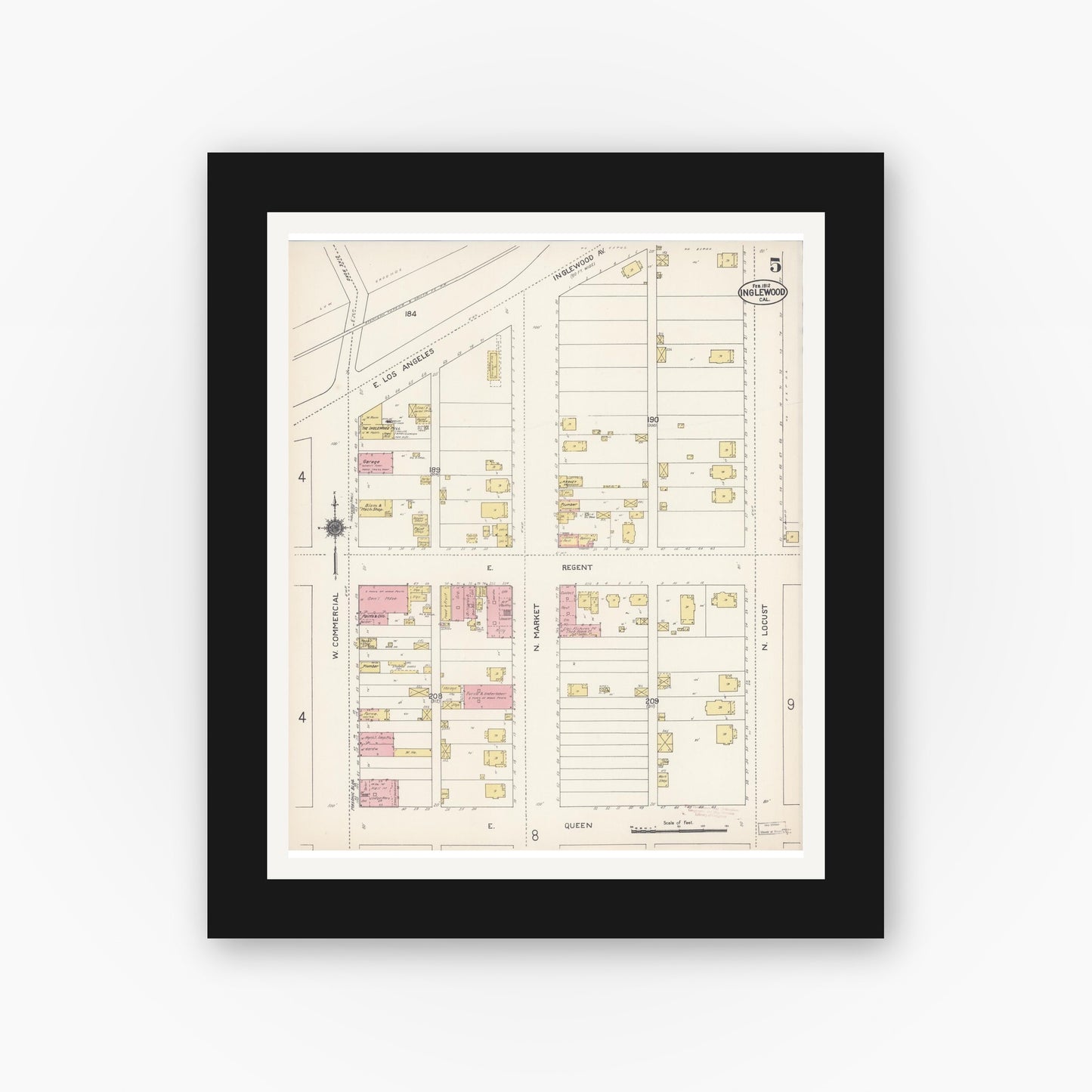 Old map wall art mockup — black gallery frame with white mat — Sanborn Fire Insurance Map from Inglewood, Los Angeles County, California (1912), Sheet #0005