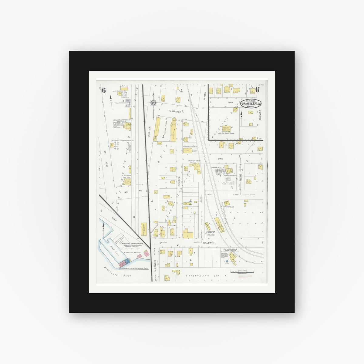 Old map wall art mockup — black gallery frame with white mat — Sanborn Fire Insurance Map from Granite Falls, Yellow Medicine And Chippewa Counties, Minnesota (1930), Sheet #0006